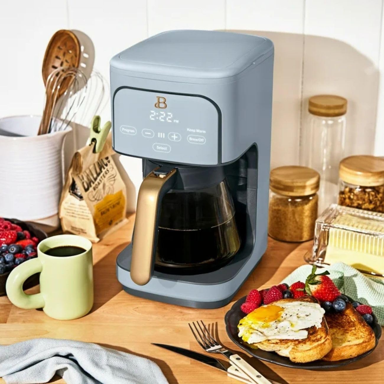 B - 12-Cup Programmable Coffee Maker with Touch Controls, Auto Brew Timer, Reusable Filter, Large Glass Carafe, Countertop Coffee Machine (Cornflower Blue)