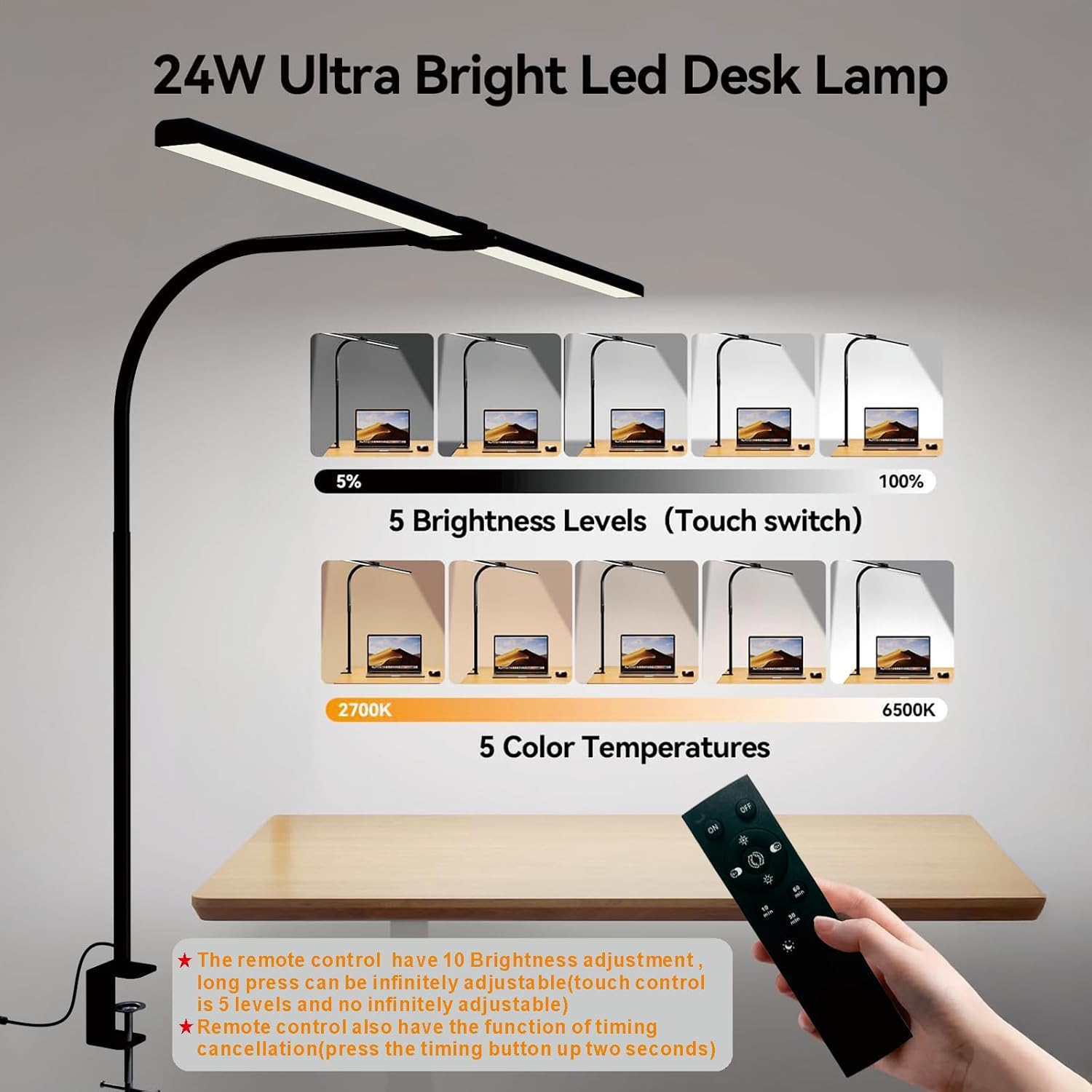LED Desk Lamp for Home Office, Eye Caring Architect Desk Light with Clamp,50 Lighting Models,Remote and Touch Control,24W 2000LM,Memory Function and Timer for Study, Reading,Workbench Black