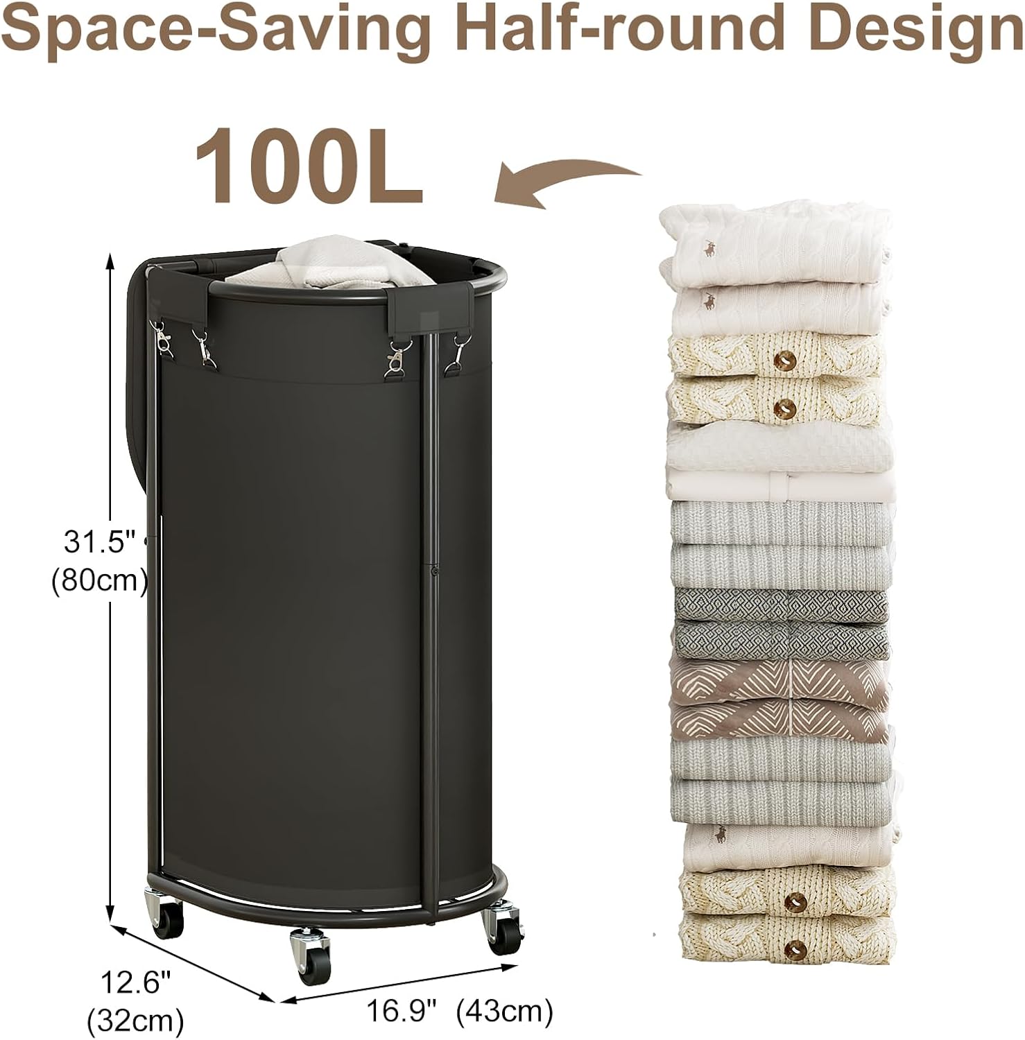 Rolling Laundry Basket with Lid, 100L Laundry Hamper with Wheels, Half Round Laundry Cart with Removable Bag, Sturdy Metal Frame Dirty Clothes Organizer for Bathroom, Bedroom, Black