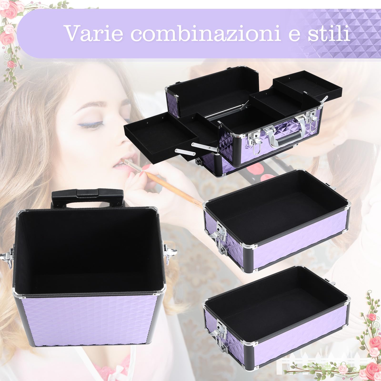 HOMCOM Valigia Porta Trucchi Professionale 2 Ruote Viola 33.5x23x76/95.5cm | Trolley Trucco Professionale, Makeup da Viaggio in Alluminio