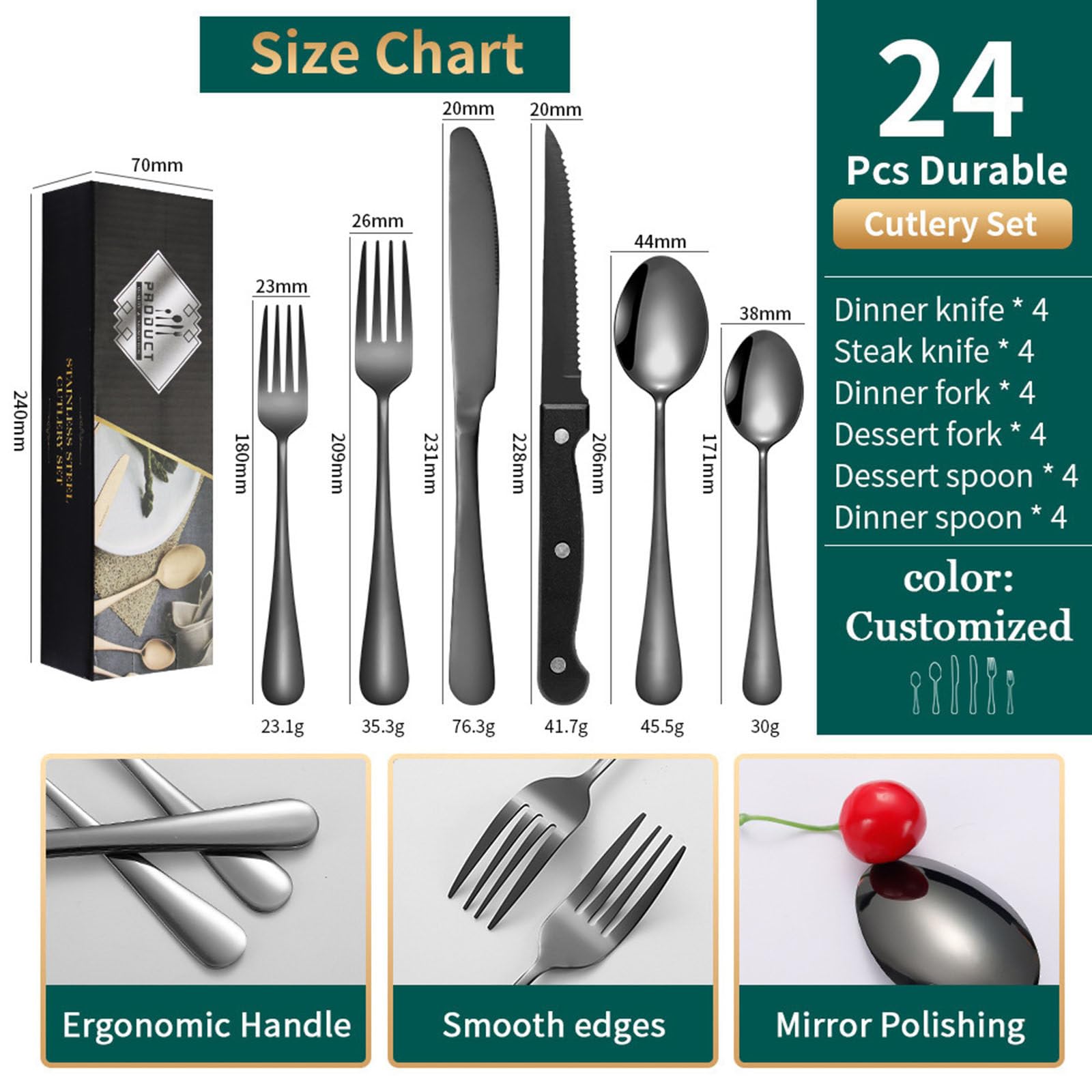 Silbernes 24-teiliges Besteckset aus Edelstahl mit Steakmessern für 4 Personen, Besteckset für das Heimrestaurant, Essgeschirr, Messer, Gabel, Löffel,Blue