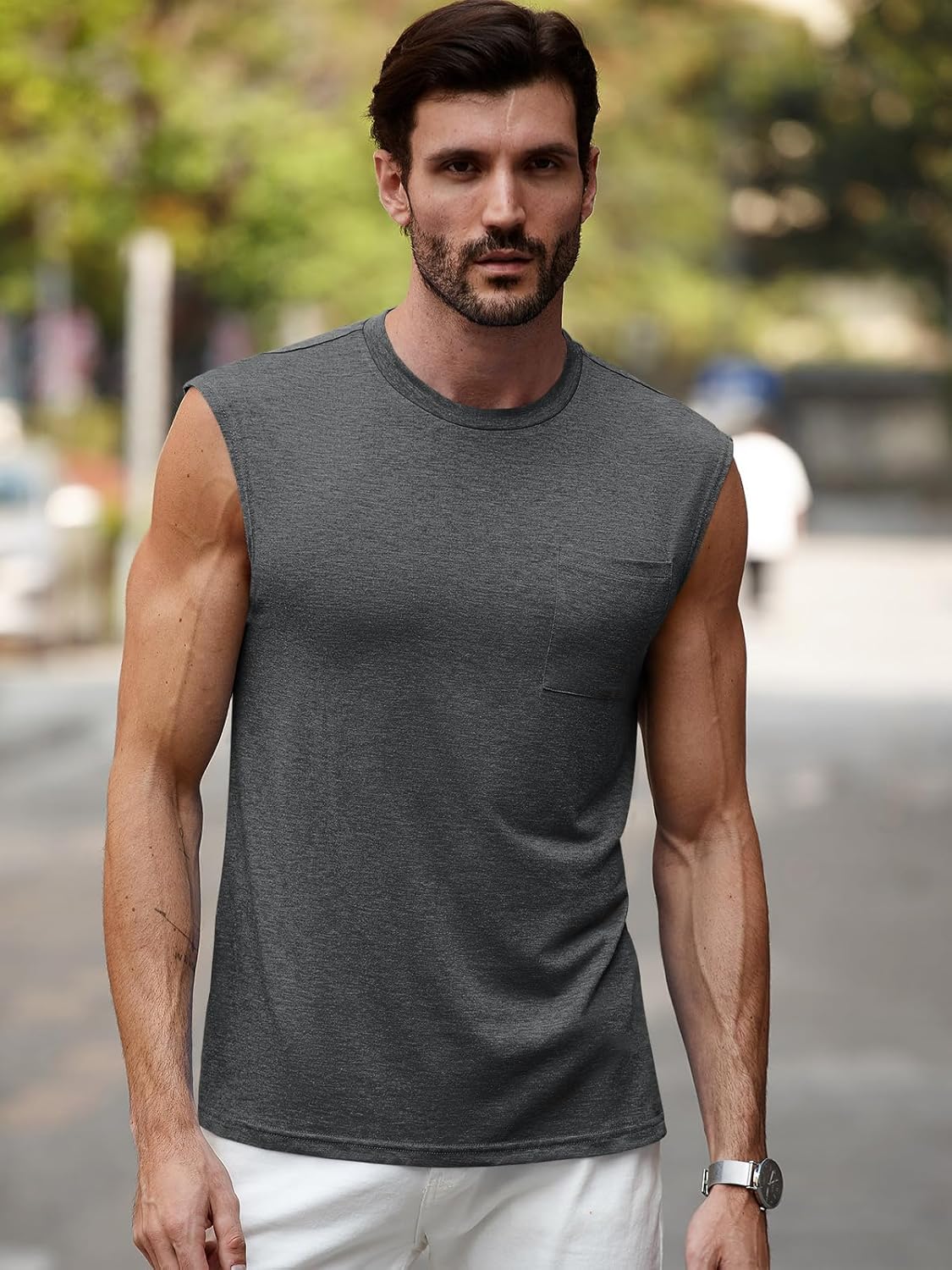 Runcati Mens Sleeveless Tank Tops Workout Cut Off Muscle Shirts Gym Casual Beach Summer Tee with Pocket - Image 2