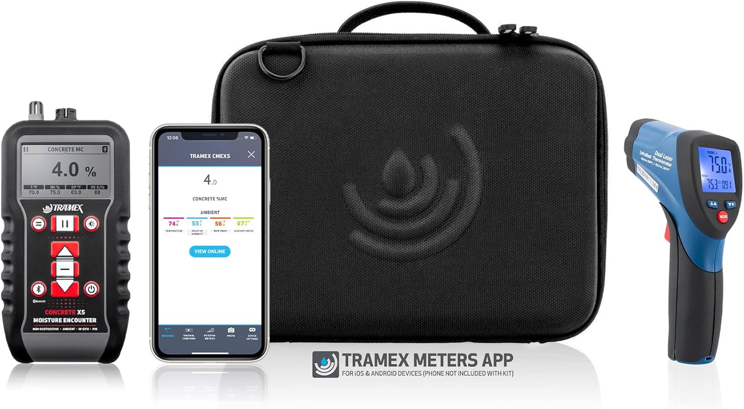 Tramex Flooring Installation Quick Check Plus Kit IQCPK | Moisture Meter CMEX5 & Infrared Surface Thermometer IRT2 | Check Concrete Moisture, Humidity & Dew Point Levels Before Installing Flooring
