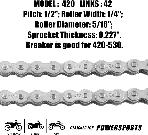 420 Jackshaft Chain 42Link+ Chain Breaker, fit for Coleman BT200X CT200U Trail 200 CT200U-EX Baja TrailMaster Warrior Heat Massimo MB165 MB200 196cc 6.5hp Powersports Mini Bike Part