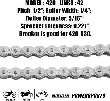 420 Jackshaft Chain 42Link+ Chain Breaker, fit for Coleman BT200X CT200U Trail 200 CT200U-EX Baja TrailMaster Warrior Heat Massimo MB165 MB200 196cc 6.5hp Powersports Mini Bike Part