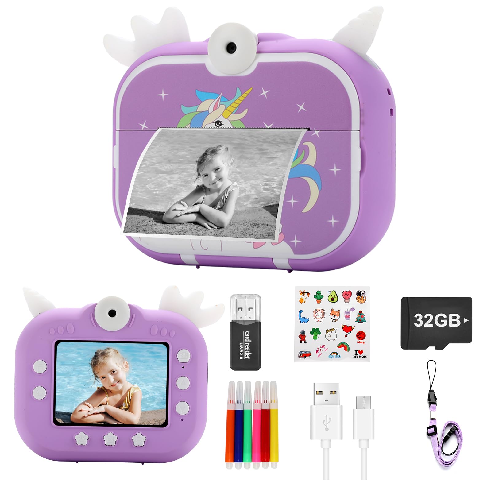 Kids Instant Print Camera with 3 Rolls Print Paper, 1080P Videos Selfie Digital Camera 32G Card, Christmas Birthday Gifts for 3-14 Year Old Boys Girls, Toys for Kids Age 3 4 5 6 7 8 9 10