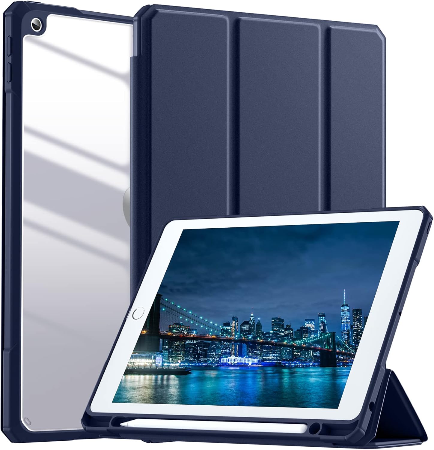 Mastten Compatible with iPad 9th/8th/7th Generation Case, iPad 10.2 Case with Pencil Holder, Trifold Stand Clear Back Shell for iPad Case 2021/2020/2019, Auto Sleep/Wake, Navy Blue
