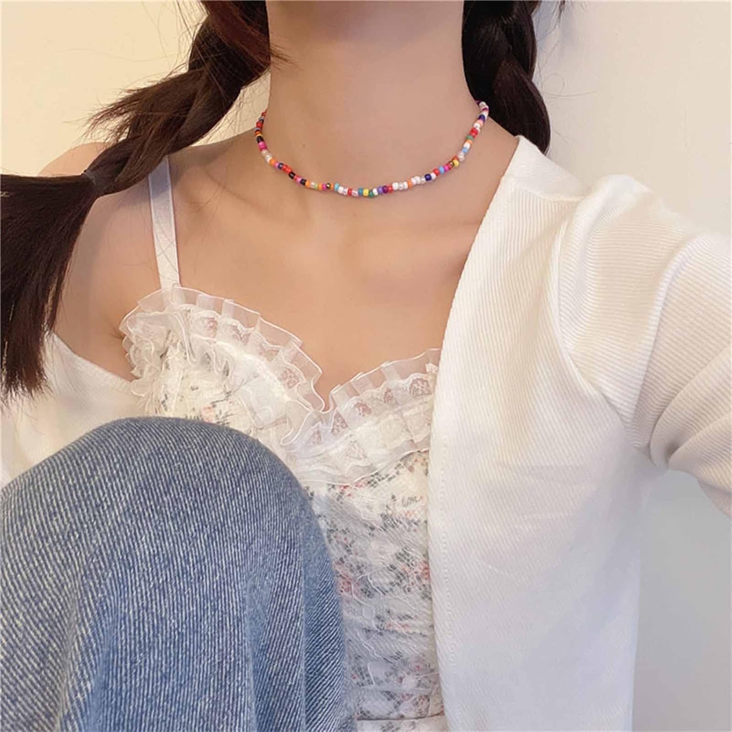 Vintage Seed Bead Chain Necklace Rainbow Seed Bead Necklace Multicolored Choker Necklace Rice Beaded Choker Necklace for Women - Image 6