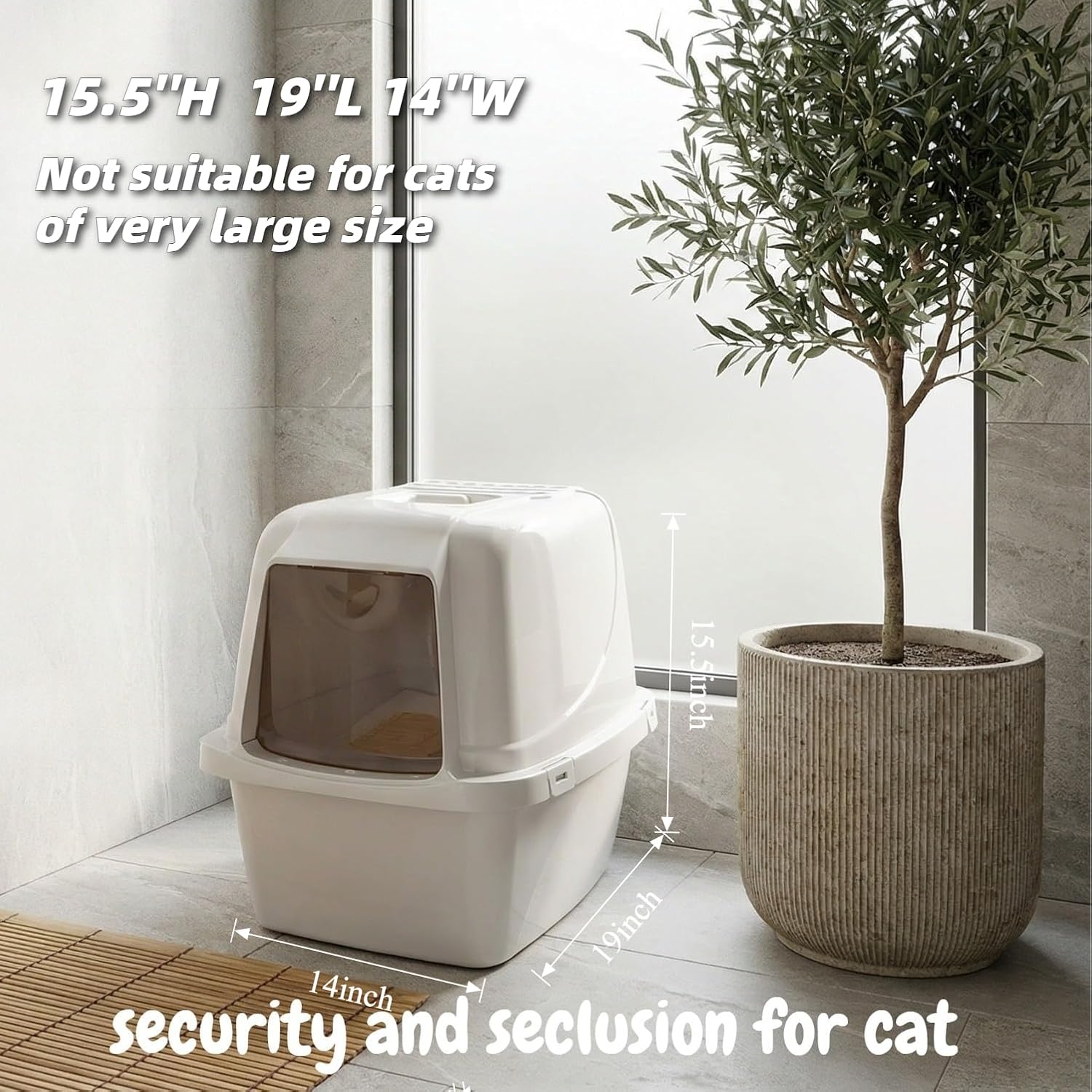 Large Enclosed Cat Litter Box with Vented Hood, Prevents Scatter and Odors, Cat & Rabbit Corner Covered Litter Box,19x14x15.5 Inches, Pearl White