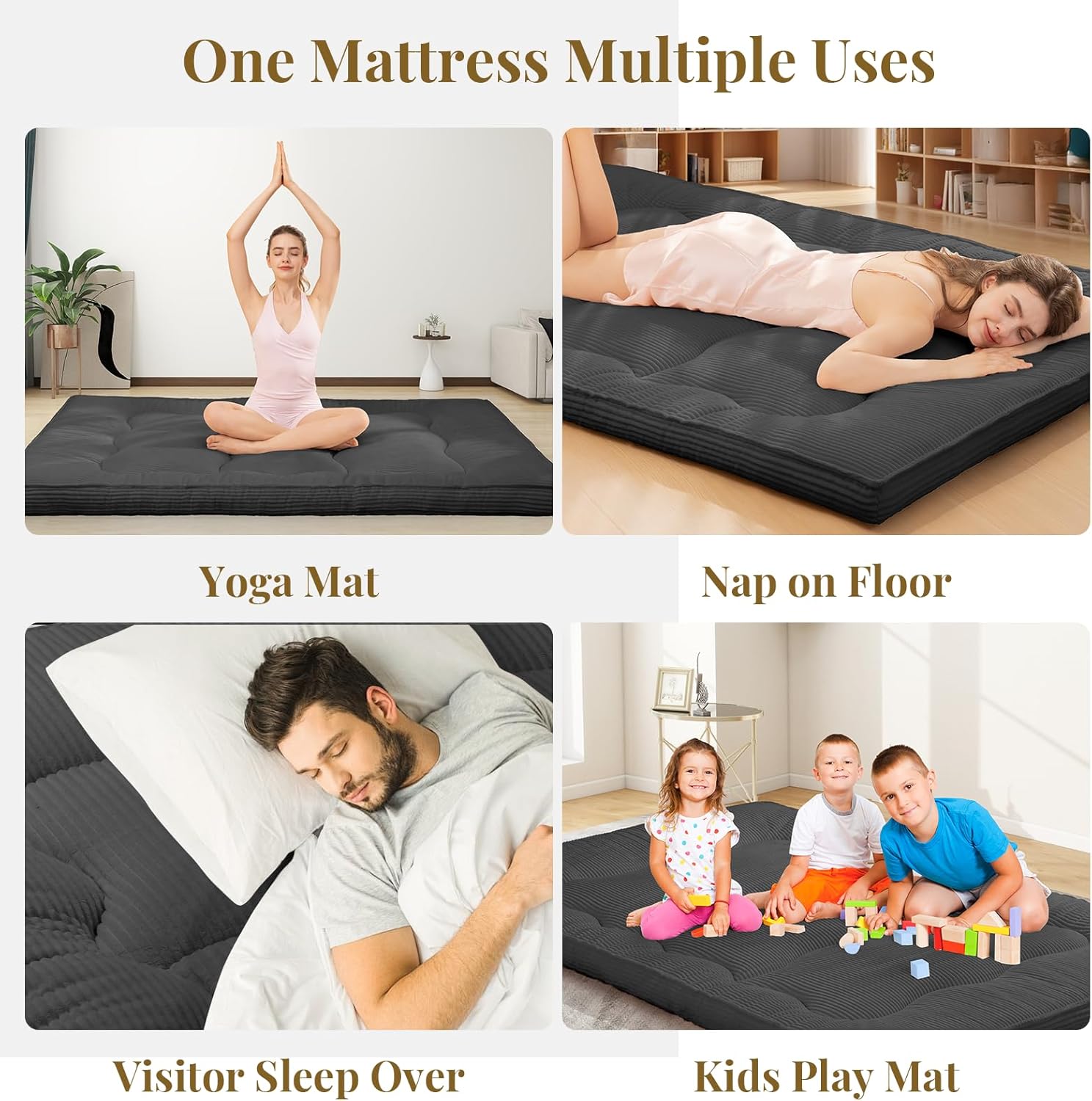 Japanese Floor Mattress, 4" Thicken Futon Mattress Twin Size Sleeping Pad, Corduroy Foldable Floor Pad, Roll Up Tatami Mat for Adults Guest Room Bedroom, Grey