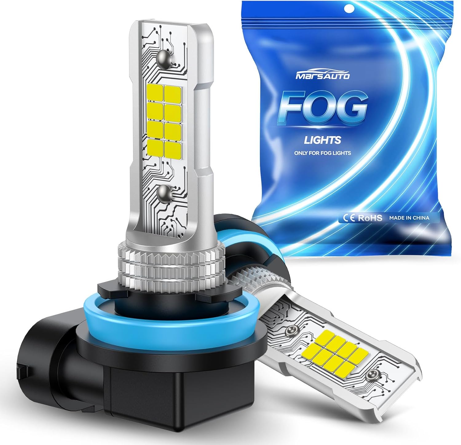 Marsauto H8/H11 LED Fog Light Bulb, 14,000LM 6500K Cool White 1:1 Size H16/H8 Fog Lights, 0.16" Ultra-Thin Focused Beam for Foggy/Rainy Days, Pluy&Play, 2-Pack