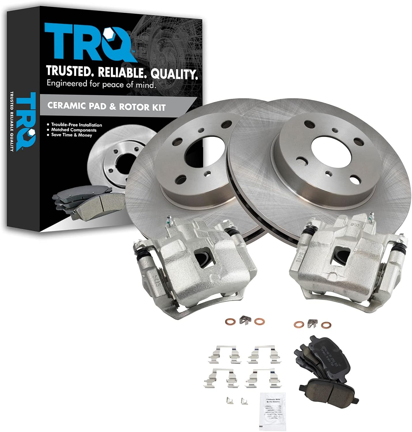 TRQ Front Brake Pad & Rotor Kit Brake Caliper Brake Pads Brake Rotor Ceramic Vented Compatible with 1998-2002 Chevrolet Prizm Toyota Corolla