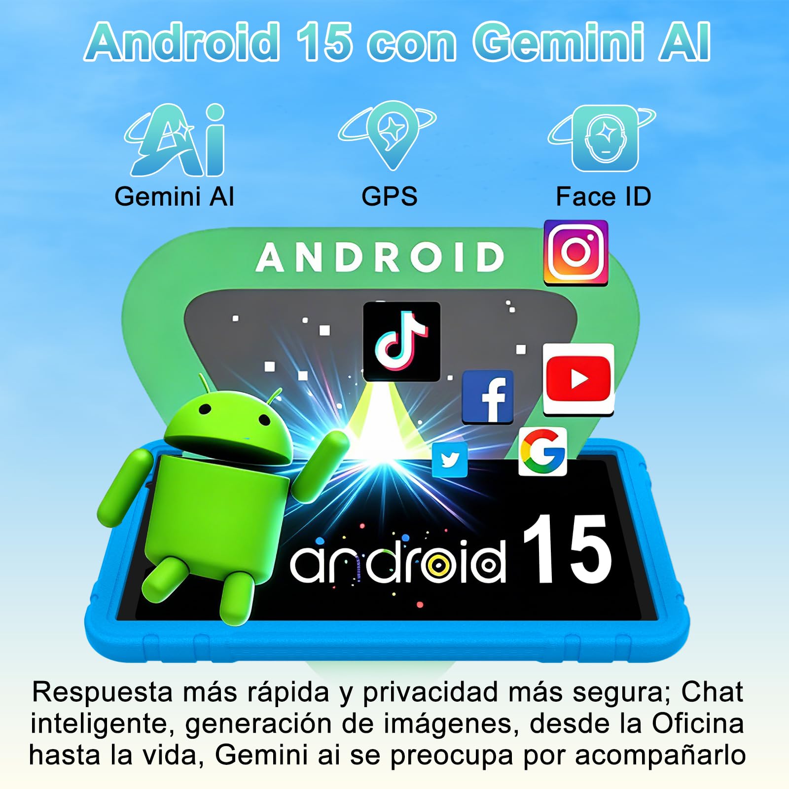 Tablet 10 Pulgadas Android 15 Gemini AI 30+128GB Octa-Core GPS WiFi 6 Widevine L1 8000mAh Control Parental Azul