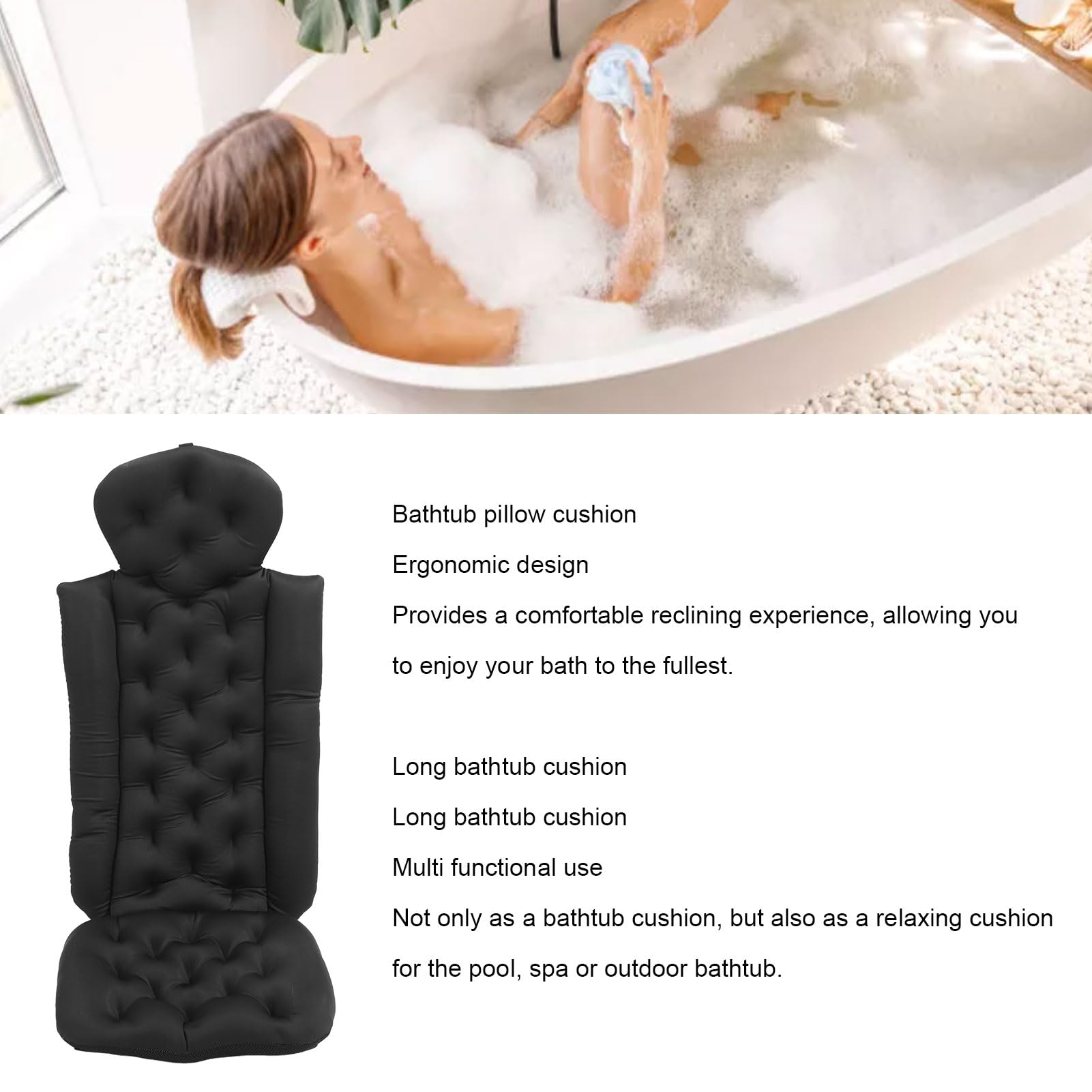 Cojín Antideslizante para Bañera Completa con Diseño Extraíble para una Fácil Limpieza, Soporte Suave para Cabeza, Cuello y Hombros, Multiusos como Almohada de SPA para Piscina (Negra)