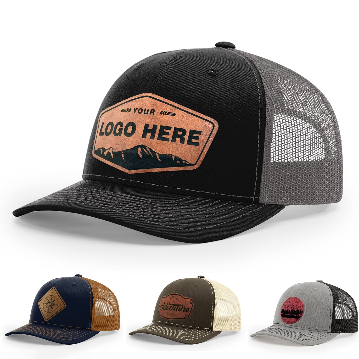 Personalized Custom 112 Style Trucker Leather Patch Hat for Men & Women, 6 Panel Structured Baseball Cap with Snapback Enclosure, Engraved Gift For Him & Her