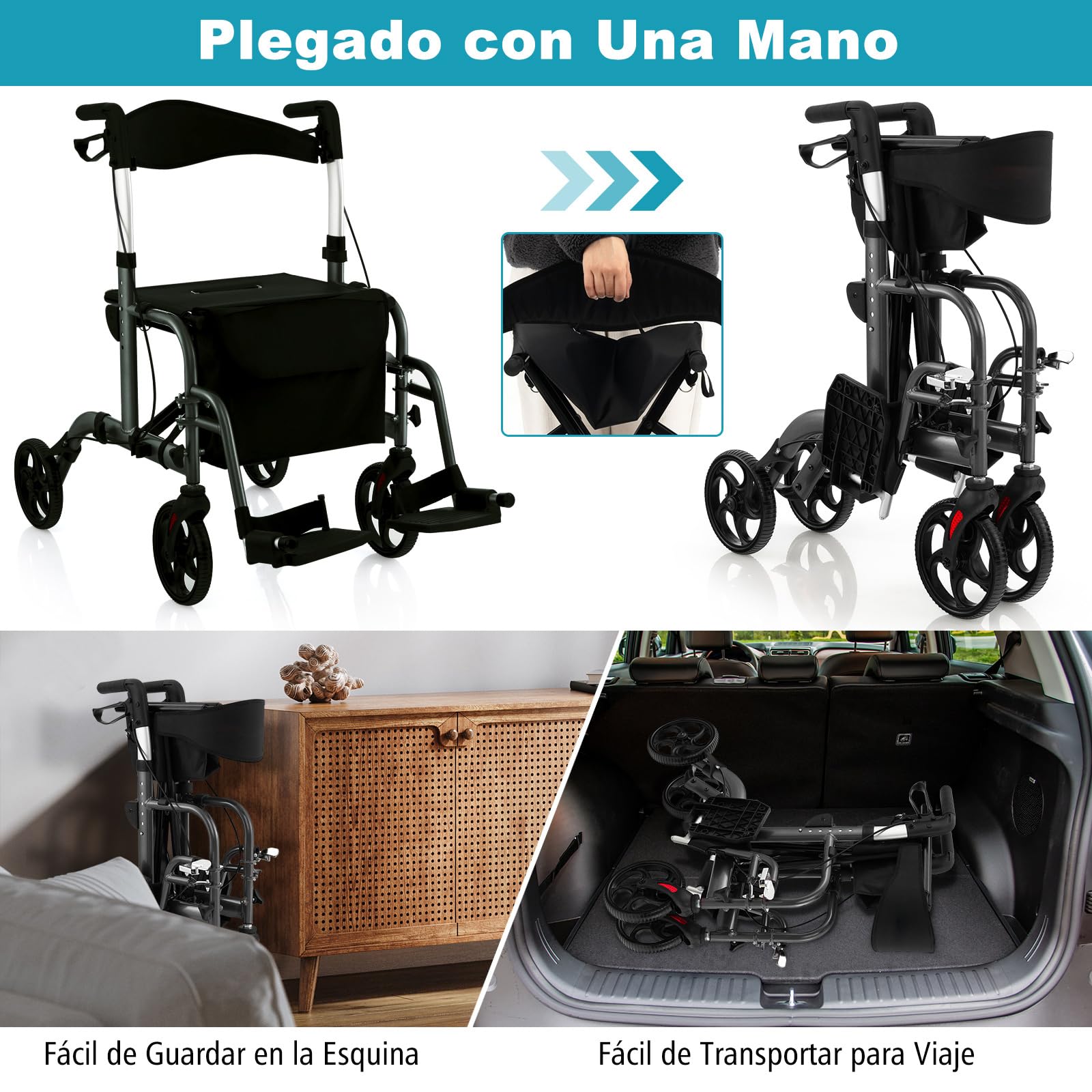 COSTWAY 2 en 1 Andador para Ancianos con Asiento, Andador Rollator Multiusos con Alturas Ajustables de 6 Niveles, Soporte para Bastón/Paraguas, Andador Plegable para Personas Mayores (Negro)