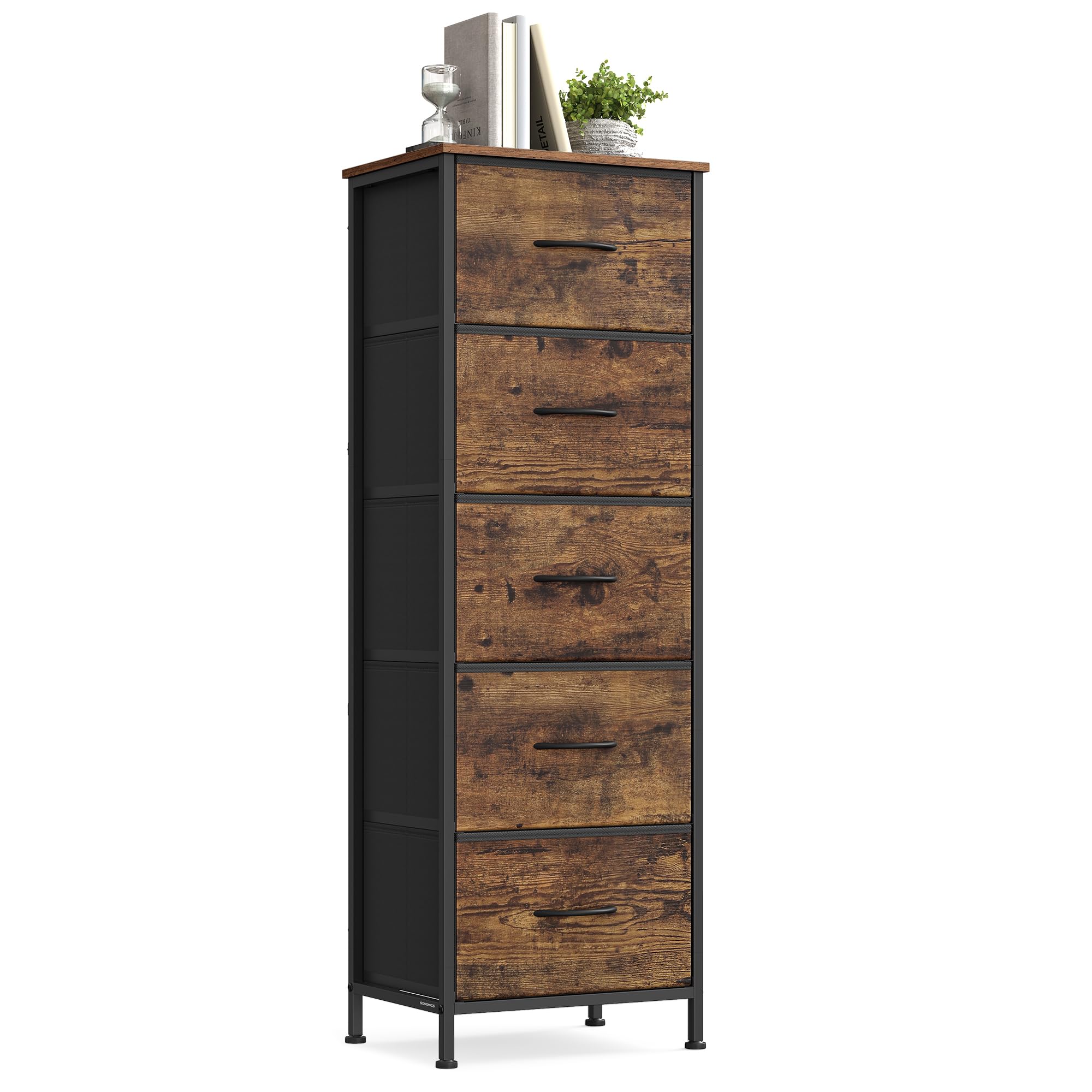SONGMICS Komoda, 5 szuflad z tkaniny, stalowa, MDF, włóknina, do sypialni, szafy, przedpokoju, salonu, rustykalny brąz i czarny atrament LGS315BH04