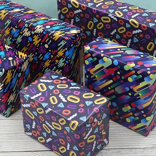 Miniatura 4 de Papel de regalo geométrico retro para mujeres, hombres y niños, papel de cumpleaños de grafiti de los años 90 y 80, 6 hojas de 20 x 28 pulgadas por