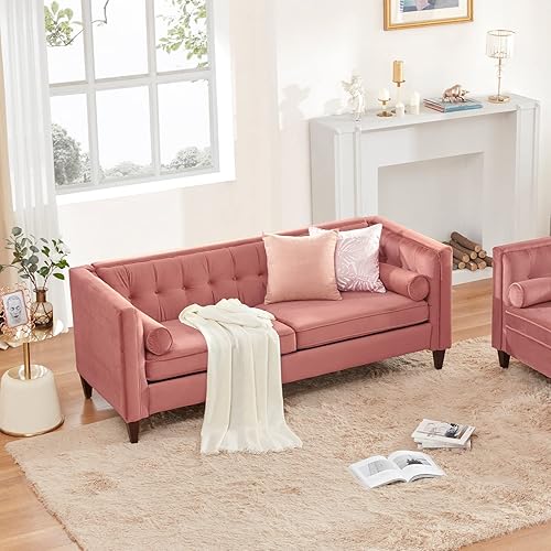 Miniatura 37 de Sofá Dreamsir de terciopelo de 78 pulgadas de ancho, muebles de mediados de siglo con almohadas de refuerzo, sofá con botones para sala de estar,