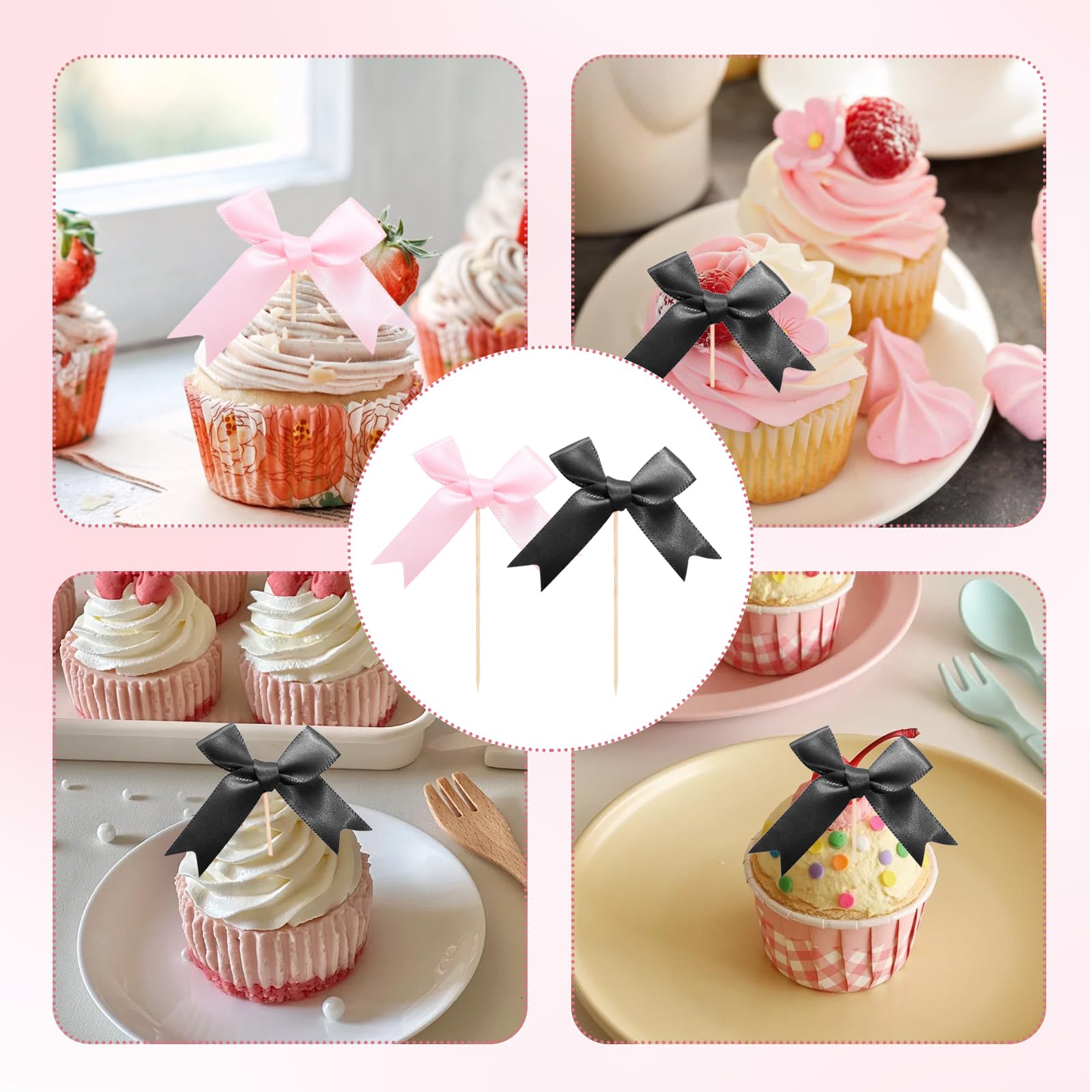 50 decorazioni per cupcake con fiocco rosa, decorazioni per torte di compleanno, matrimoni, baby shower, addio al nubilato, feste a tema coquette (rosa, nero)