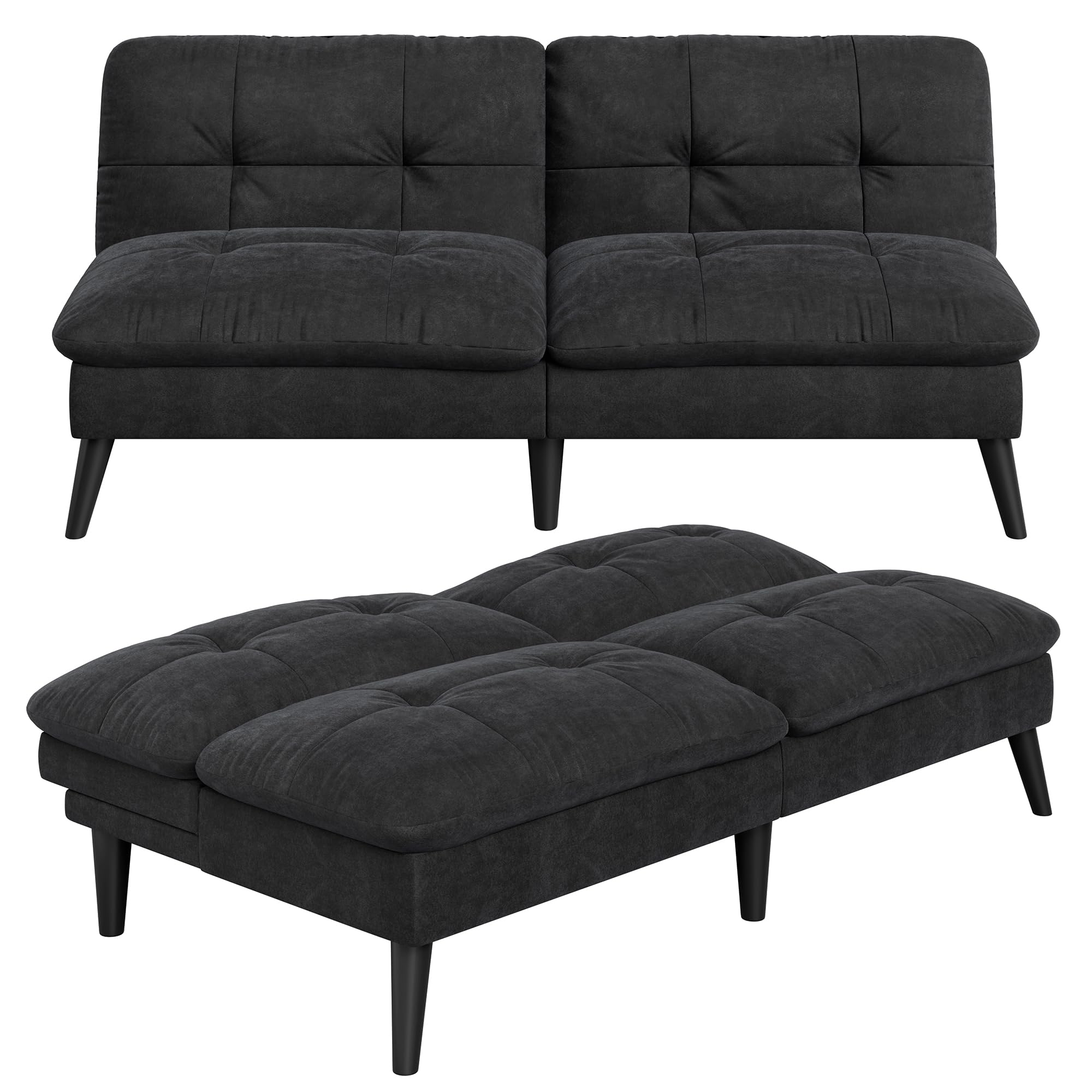 Vongrasig Futon Sofa Bed Velvet Futon Couch with Adjustable Backrest, Small Convertible Folding Sleeper Sofa Bed, Modern Loveseat for Living Room, Bedroom and Small Space, (Black)
