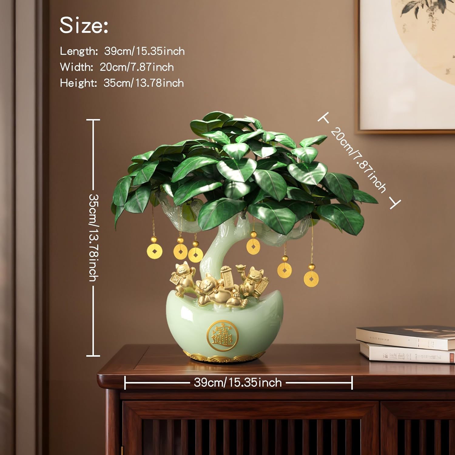 13.8" Chinese Money Tree with Synthetic Jade Base - Large Artificial Tree Feng Shui Wealth Decor with Golden Fortune Cat, Yuanbao Flower Pot & Coin Pendant, for Home & Office Decoration