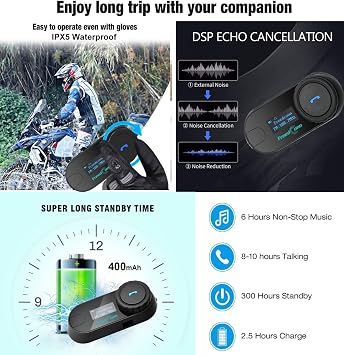 FreedConn TCOM-SC Motorcycle Helmet Bluetooth Intercom Headset Communication Systems Kit for 2 or 3 Riders, LCD Screen/FM Radio/Mobile Phone/MP3/GPS Connective/Range 800m/Handsfree (2 Pack)