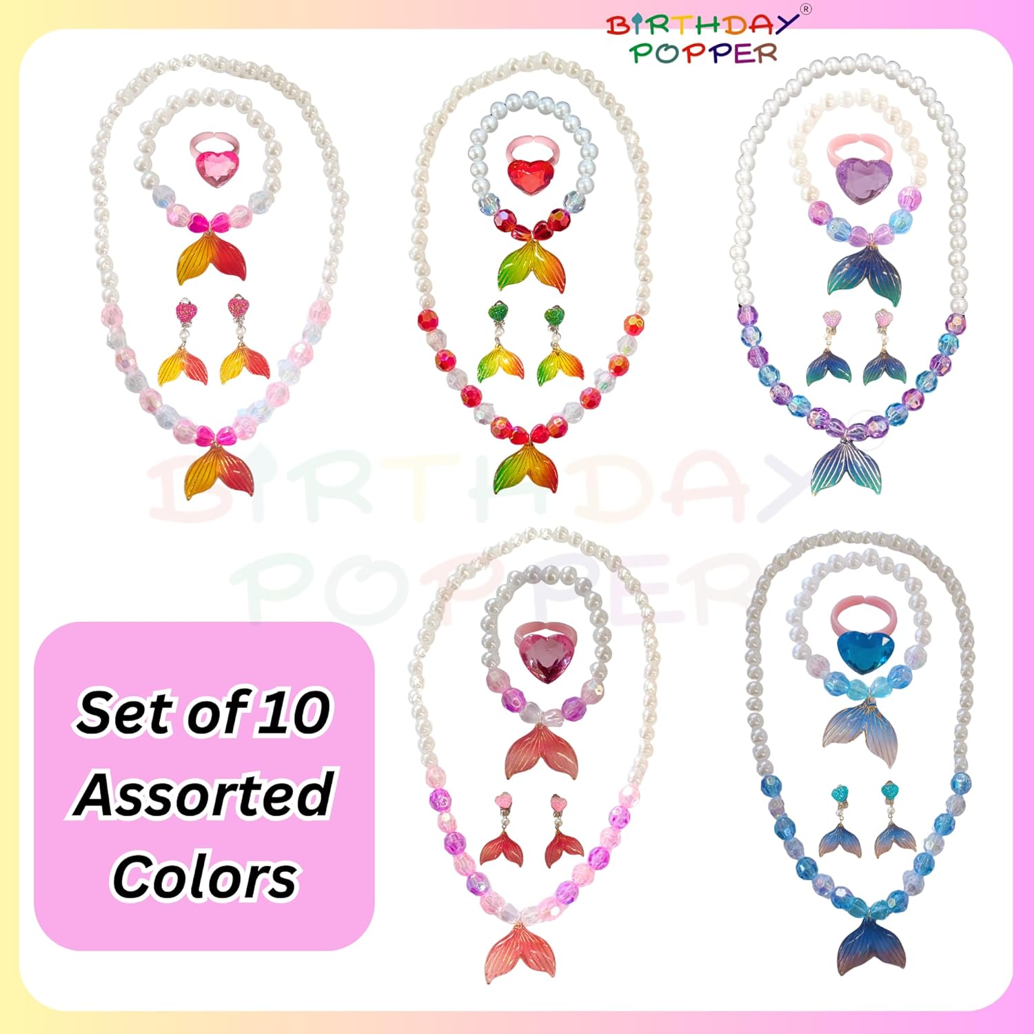 Birthday Popper Jewellery Set as Birthday Return Gifts for Girls | Set of 10 | Pearl Bead Necklace, Bracelet, Earrings & Ring – Party Costume Accessories for Kids