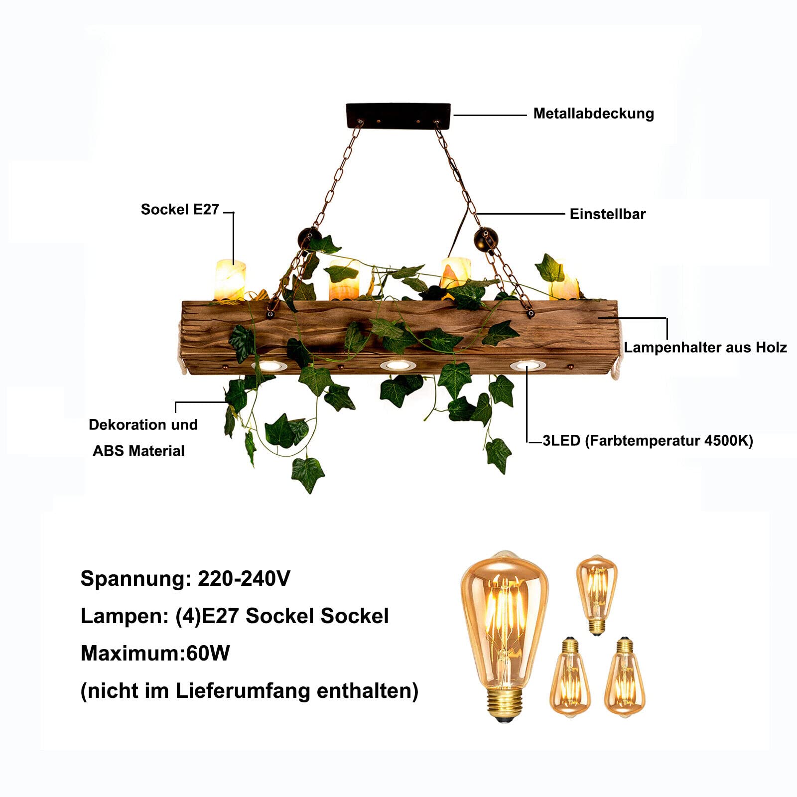 Holz Retro Pendelleuchte Rustikale Kronleuchter 39.3" Holzbalken Hängeleuchte Holz Hängelampe 4-Licht für Esszimmer Schlafzimmer