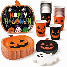 Oigco Halloween Party Supplies Set, Black and Orange Pumpkin Plates, Cups, and Napkins for Halloween Birthday Party Decorations, Serves 24