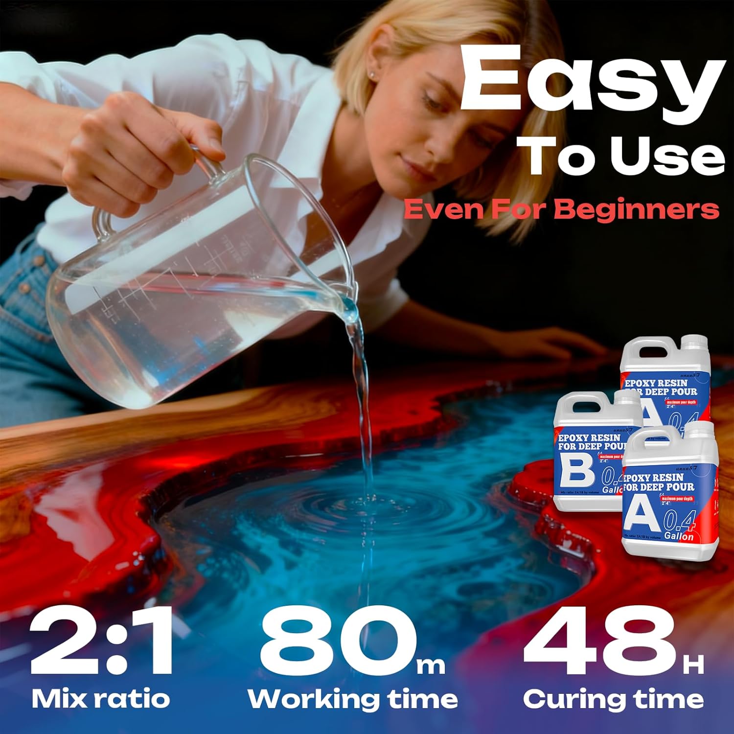 Deep Pour Epoxy Resin Kit 1.2 Gallon, 2-4 Inch 2:1 Clear Deep Pour Epoxy Resin Kit with 16 Pigments and 20 Mica Powders - Bubble Free Crystal Clear for River Table, Art Crafts, Flowers, Wood, DIY