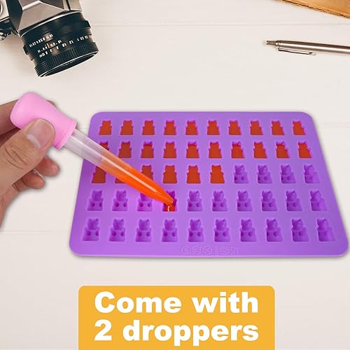 Miniatura 3 de Moldes de silicona para ositos de gomitas, 4 moldes antiadherentes para dulces de chocolate con 2 goteros, incluyendo mini dinosaurio, forma de oso,