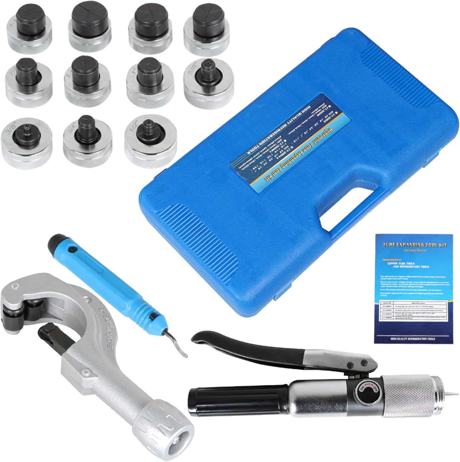 kimllier Hydraulic Tube Expander Swaging Tool Kit 11 Expander Heads 3/8 to 1-5/8 Inch Copper Tube Expander Tool with Tube Cutter and Deburring Tool Fit for Aluminum Copper HVAC Tube