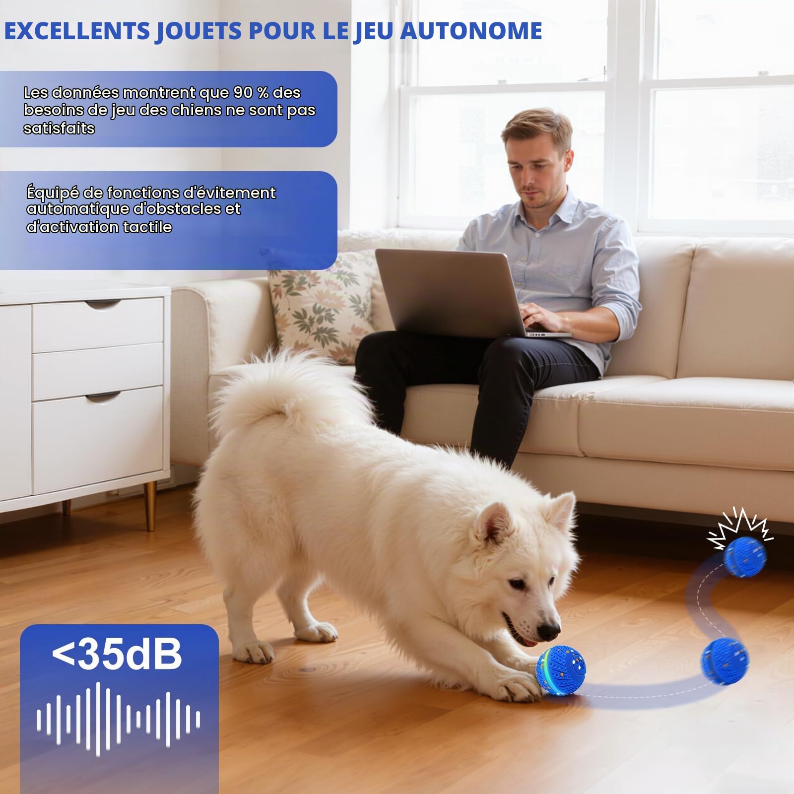 Jouet intelligent pour chien - Balle pour chien - Jouet interactif intelligent avec lumière et 3 modes de jeu - Étanche - Rechargeable - Pour chiens de taille moyenne et grande