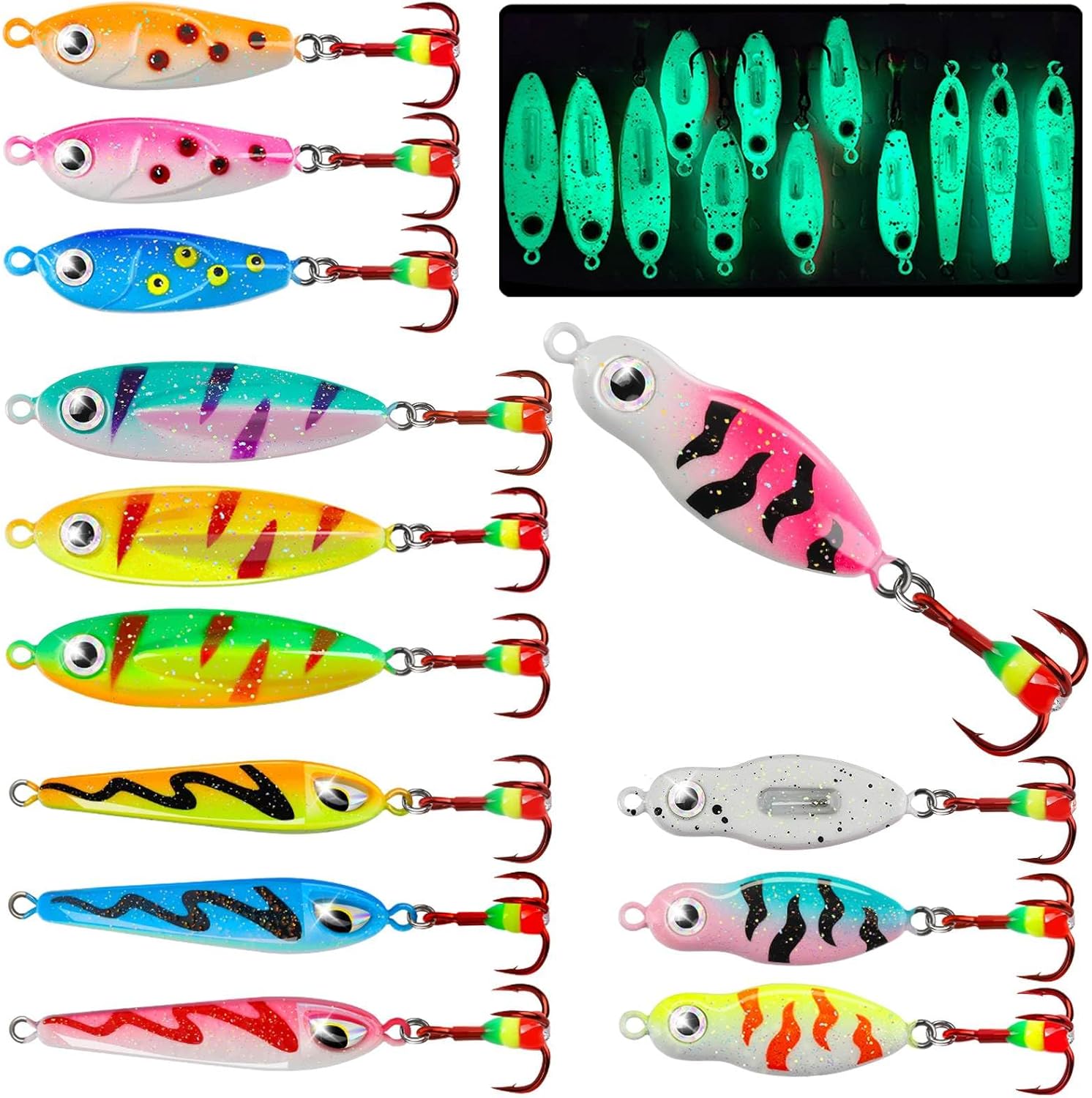 Dovesun Ice Fishing Rattle Spoons Glow Ice Fishing Lures Ice Fishing jigs Accessories Gear Gifts for Walleye Bass Catfish Trout 3PCS/12PCS