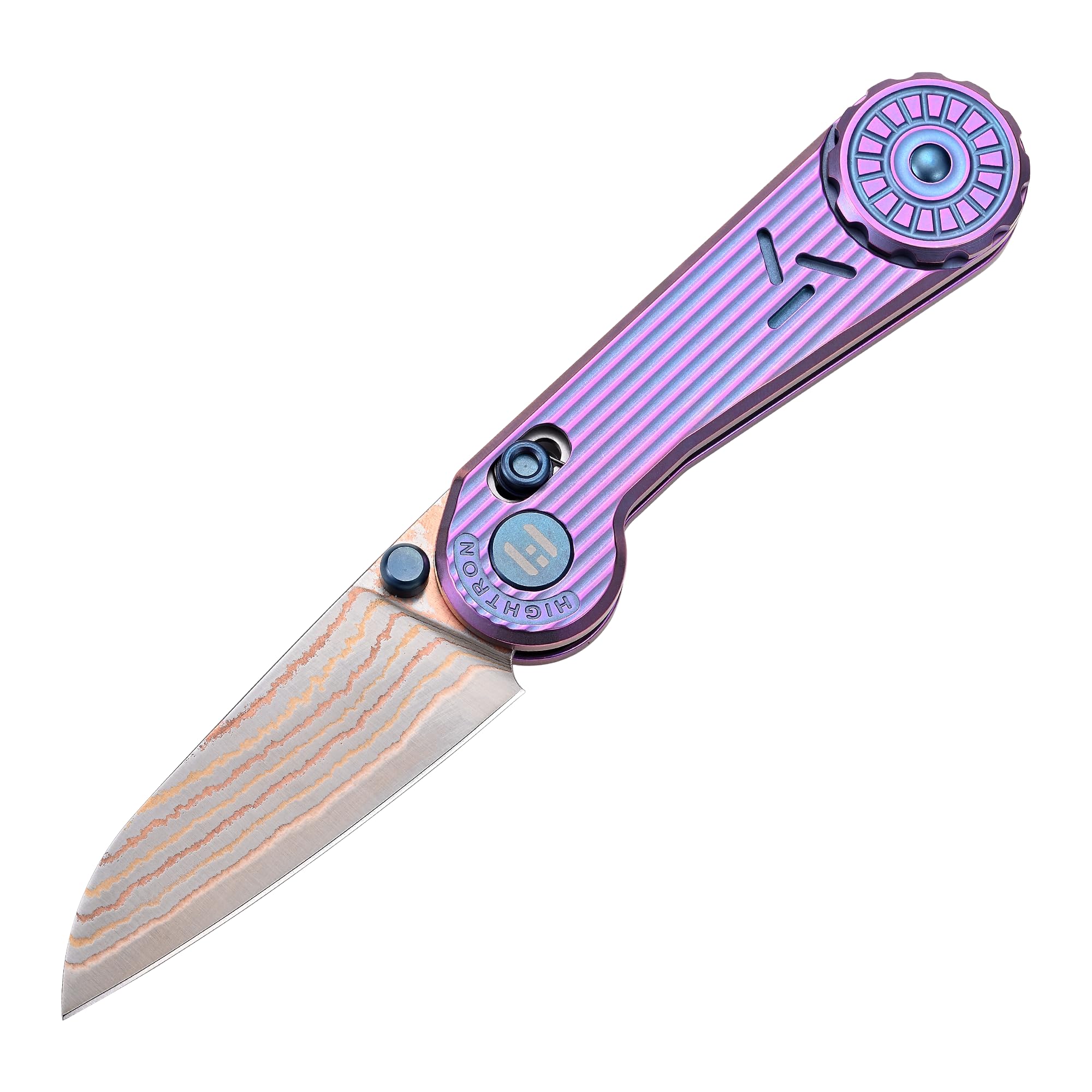 Hightron Coltello Pieghevole da Tasca con Lama 6,7 cm in Rame-Damascato e Manico Titanio, Coltello Pieghevole con Clip per Uomini e Donne, Coltello per Uso Quotidiano, Bronzo