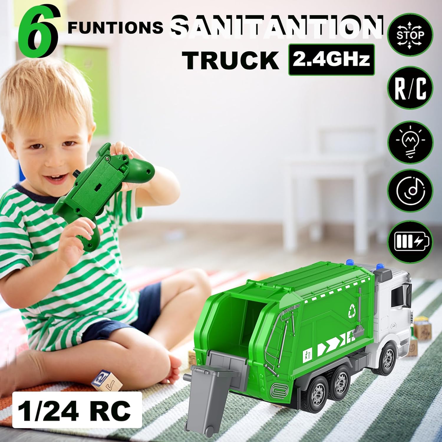 2.4Ghz Remote Control Garbage Truck Toys,1/24 RC Garbage Truck with 6 Channel Remote Control Waste Management Garbage Truck, Birthday Gifts Ideas for Boys Age 3-8 Year Old