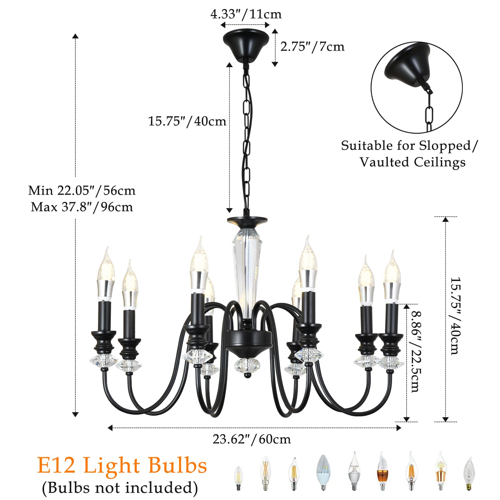 Kronleuchter Schwarz, 8 Flammig Rustikale Kronleuchter Vintage Pendelleuchte Wohnzimmer, Antik Deckenlampe Schlafzimmer Hängend mit E14 Fassung, Einstellbare Höhe Klassischer Lüster für Esstisch Flur