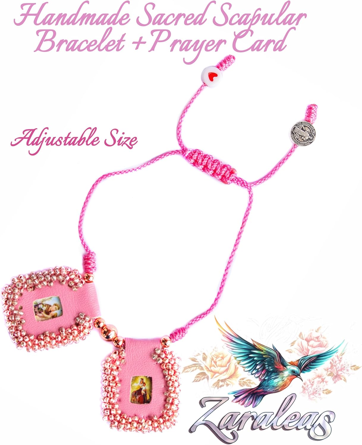 Sacred Scapular Bracelet Handmade Embroidered Rose Stone Wristband of Sacred Heart of Jesus, Holy Virgin of Carmen, St. Michael Archangel. 2,5cm x 3cm by Zaraleas - Image 2