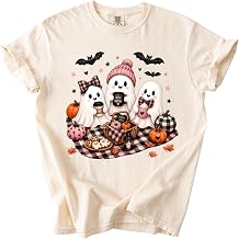 FITIN Crew Cute Ghosts Picnic Buffalo Plaid Vintage T-Shirt, Cozy Apparel, Retro Autumn Leaves Bat Pumpkin Fall Crewneck Top