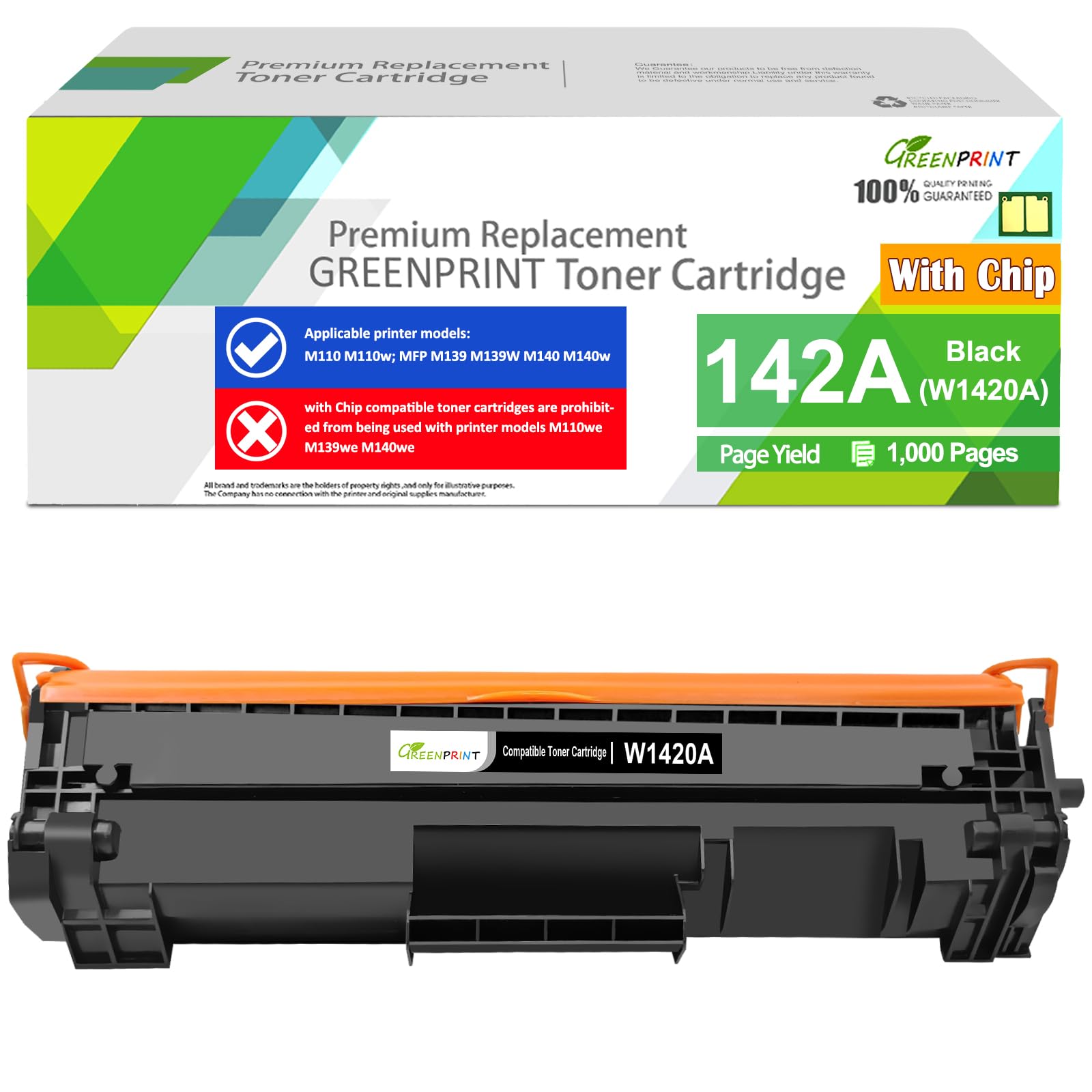 GREENPRINT 142A W1420A ( with CHIP ) Compatible Toner Cartridge 1000 Pages Standard Capacity Black for H P LaserJet Printer M110 M110w MFP M139 M140 M140w, Can't be used on H P+ Printer（with e Model）