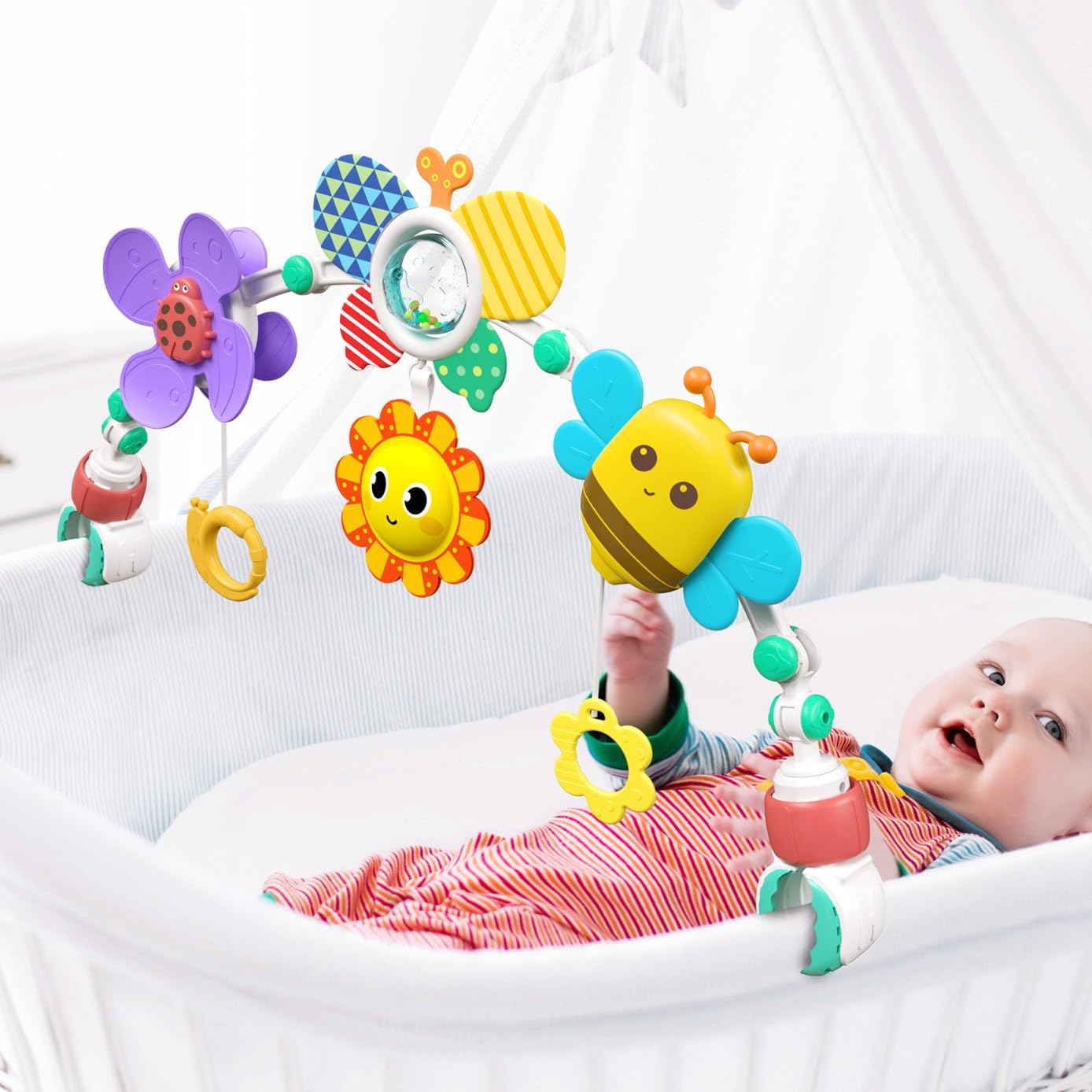 Adjustable Baby Stroller Arch Toys - Car Seat Toys Play Arch Crib Bassinet Toy Activity Arch with Fascinating Toy for Stimulating Baby's Senses Developing Motor Skills Infants Toddlers Gifts