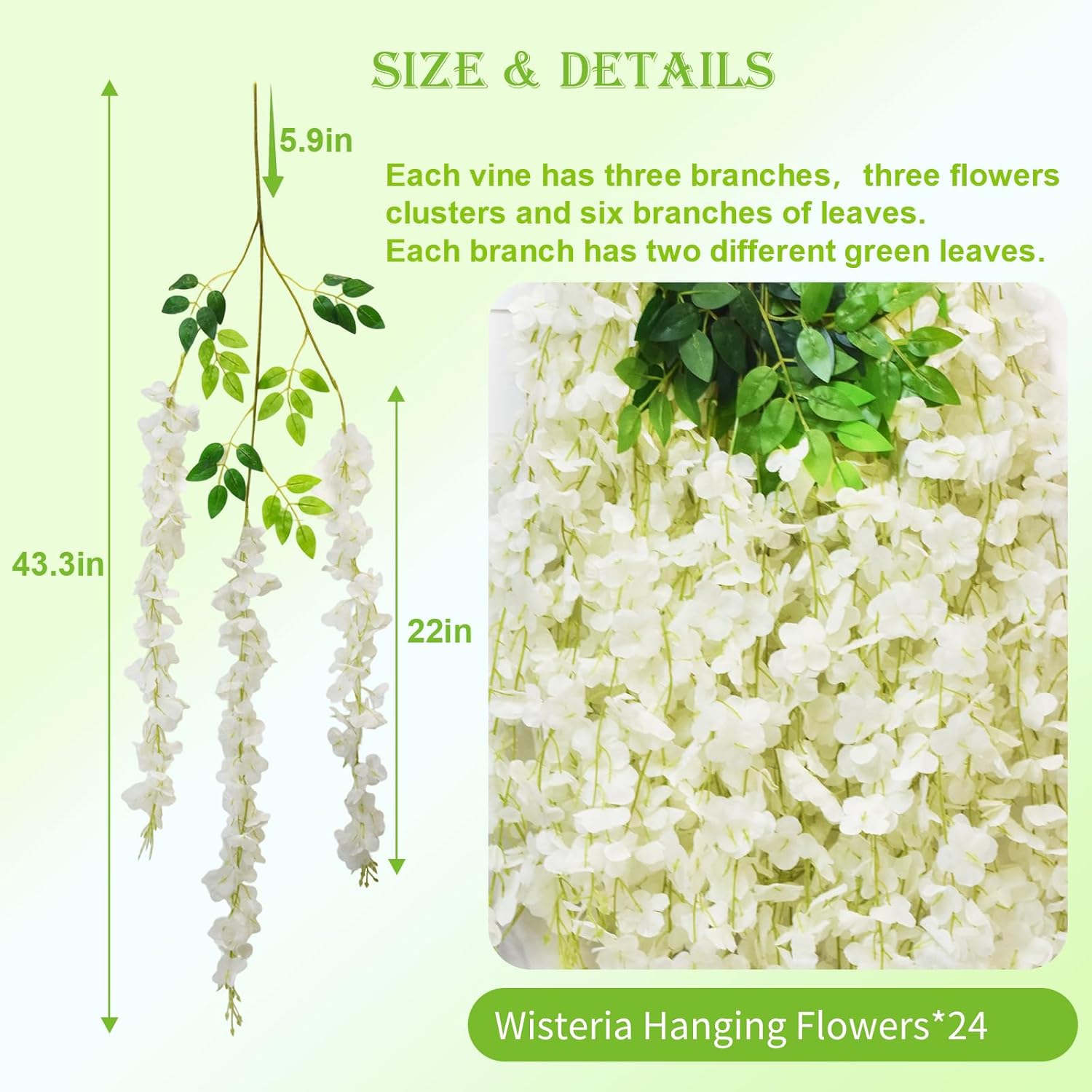 24 PCS Wisteria Hanging Flowers, 3.6ft Fake Wisteria Vines Artificial Wisteria Garland Silk Flower String for Wedding Arch Garden Party Home Ceiling Wall Backdrop Tent Decoration (White)