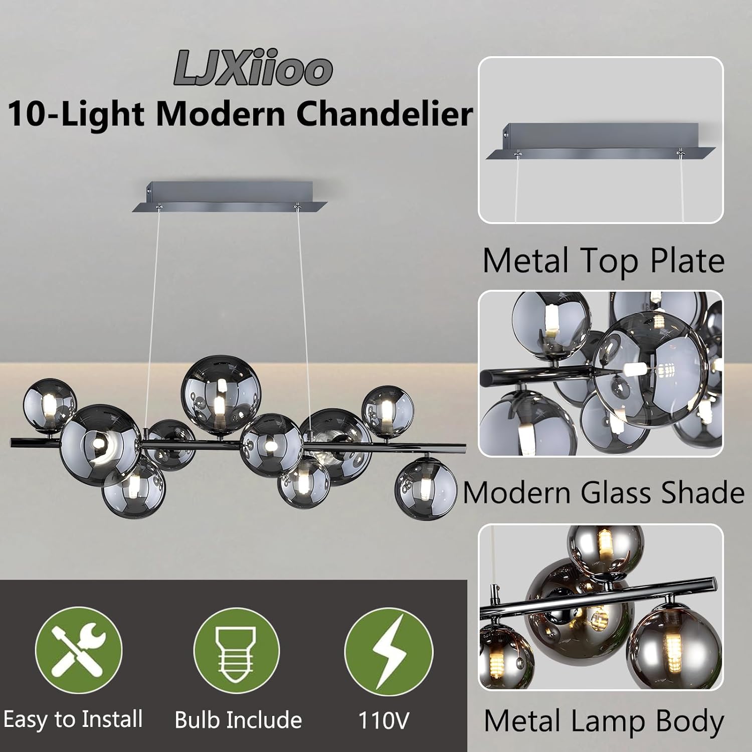 10-Light Mid Century Modern Sputnik Chandelier Black Island Light Linear Chandelier Glass Globe Pendant Light Fixture for Bedroom Living Room Hallway Dining Room Kitchen Farmhouse (Chrome)