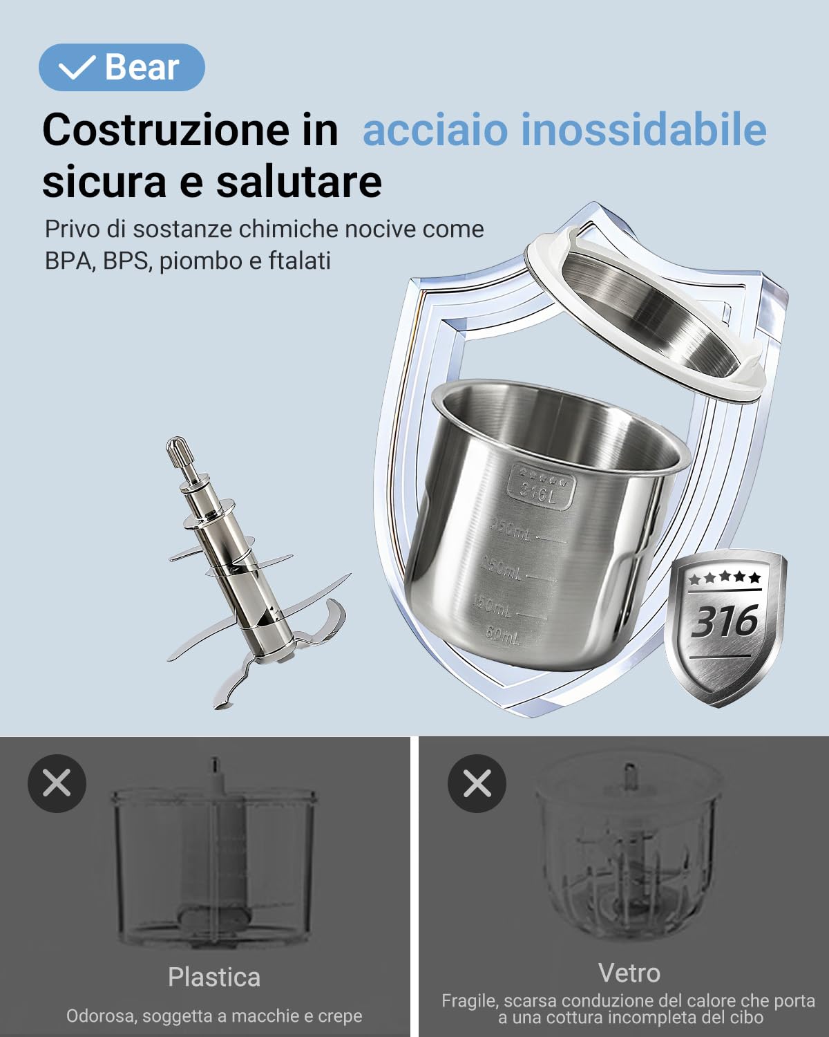 Bear Produttore per alimenti NutriEase AllStage, in acciaio inox, OneStep Baby Food Maker per porridge per bambini, cottura automatica e triturazione per alimenti sani fatti in casa, senza BPA