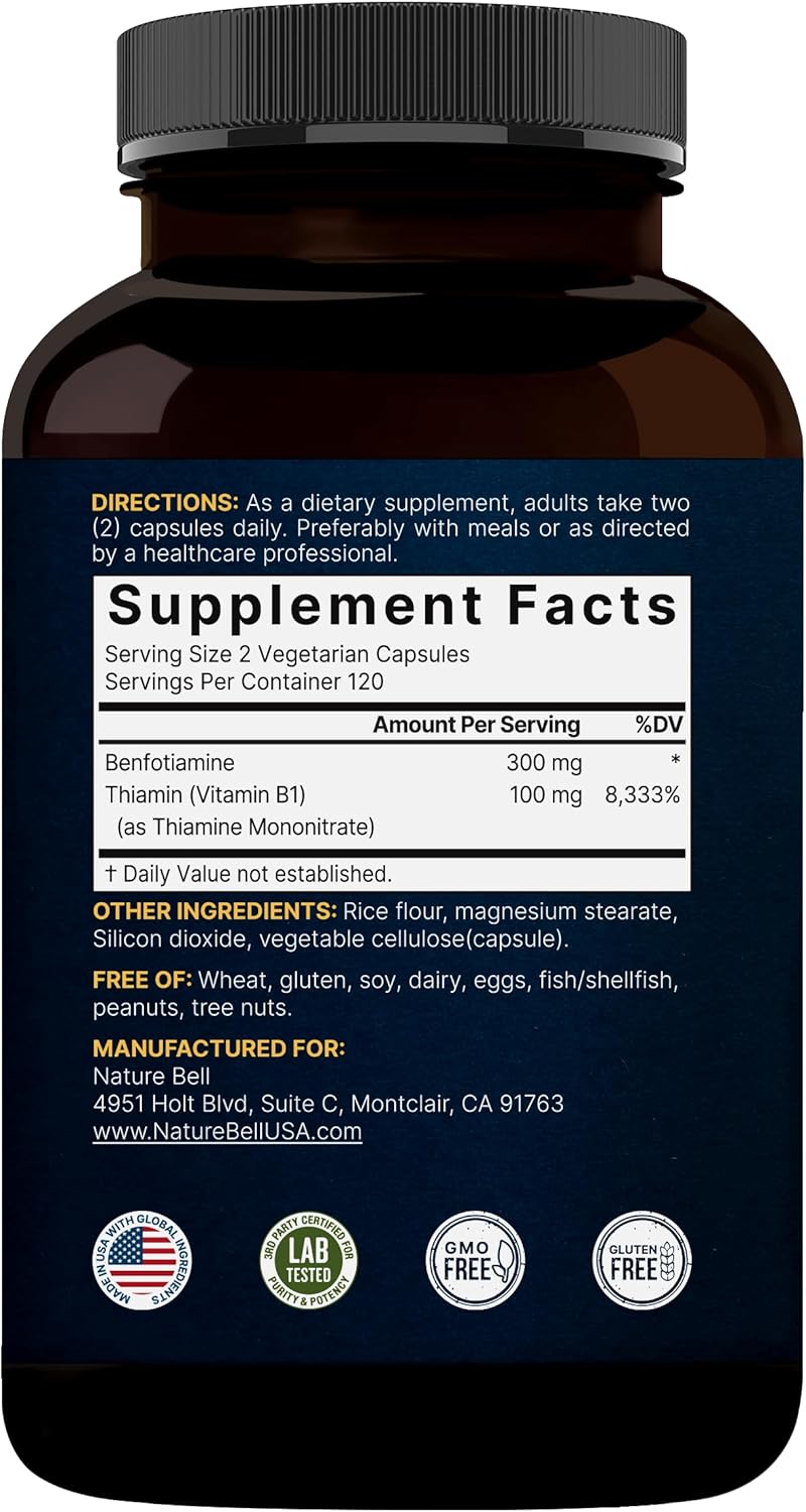 NatureBell Benfotiamine 300mg with Thiamine 100mg Per Serving | 240 Veggie Capsules – Essential Vitamin B1 Benfotiamine Supplement – Vegetarian Friendly - Image 7