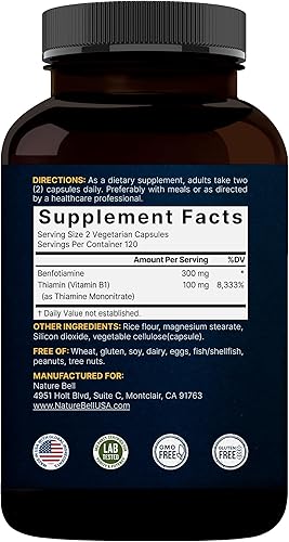 Miniatura 7 de NatureBell Benfotiamina 300 mg con tiamina 100 mg por porción  240 cápsulas vegetales - Suplemento esencial de vitamina B1 Benfotiamina - Apto para