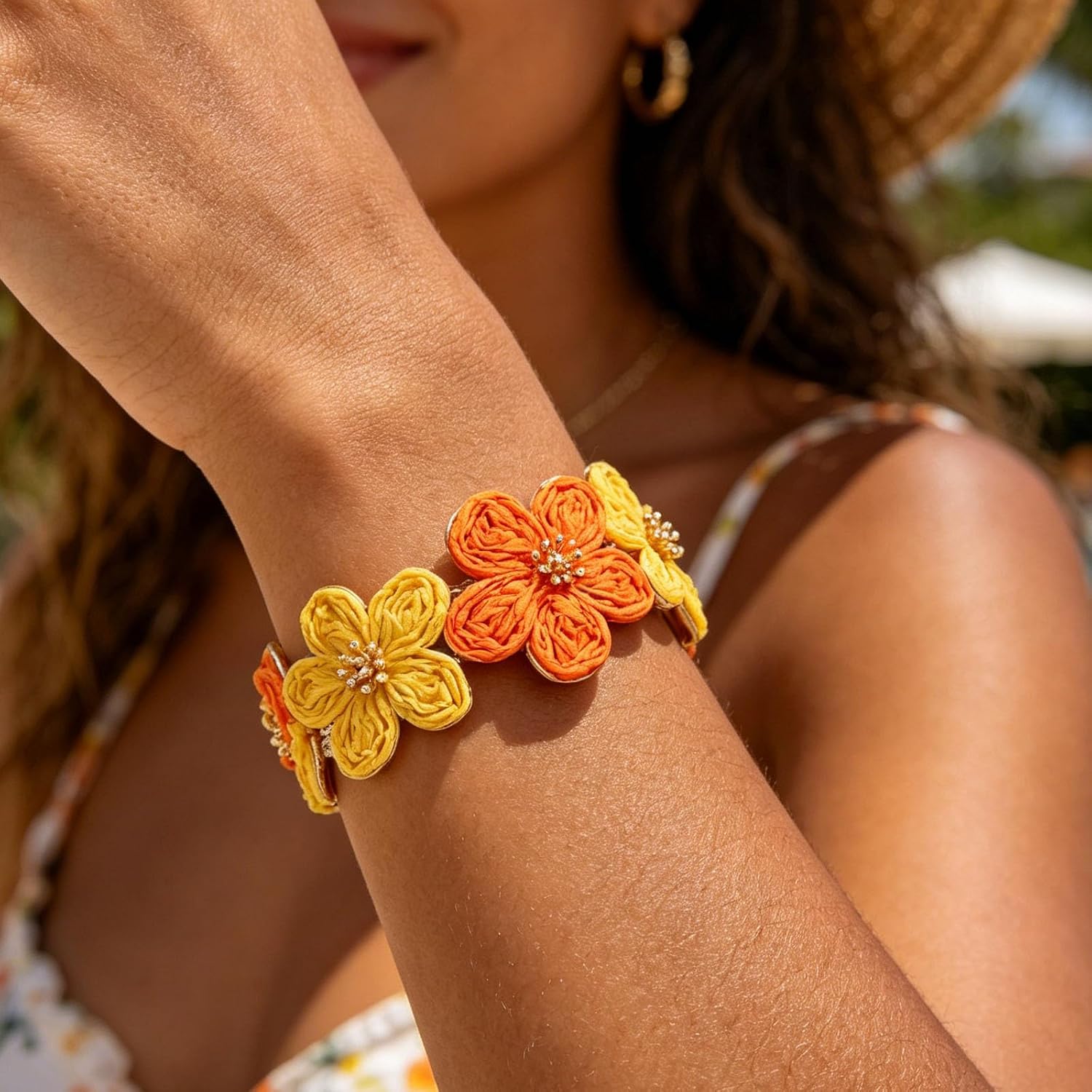 Long tiantian Boho Bracelets for Women Colorful Flower Cuff Raffia Rattan Bracelet Handmade Summer Beach Jewelry Outfits Dresses Accessories