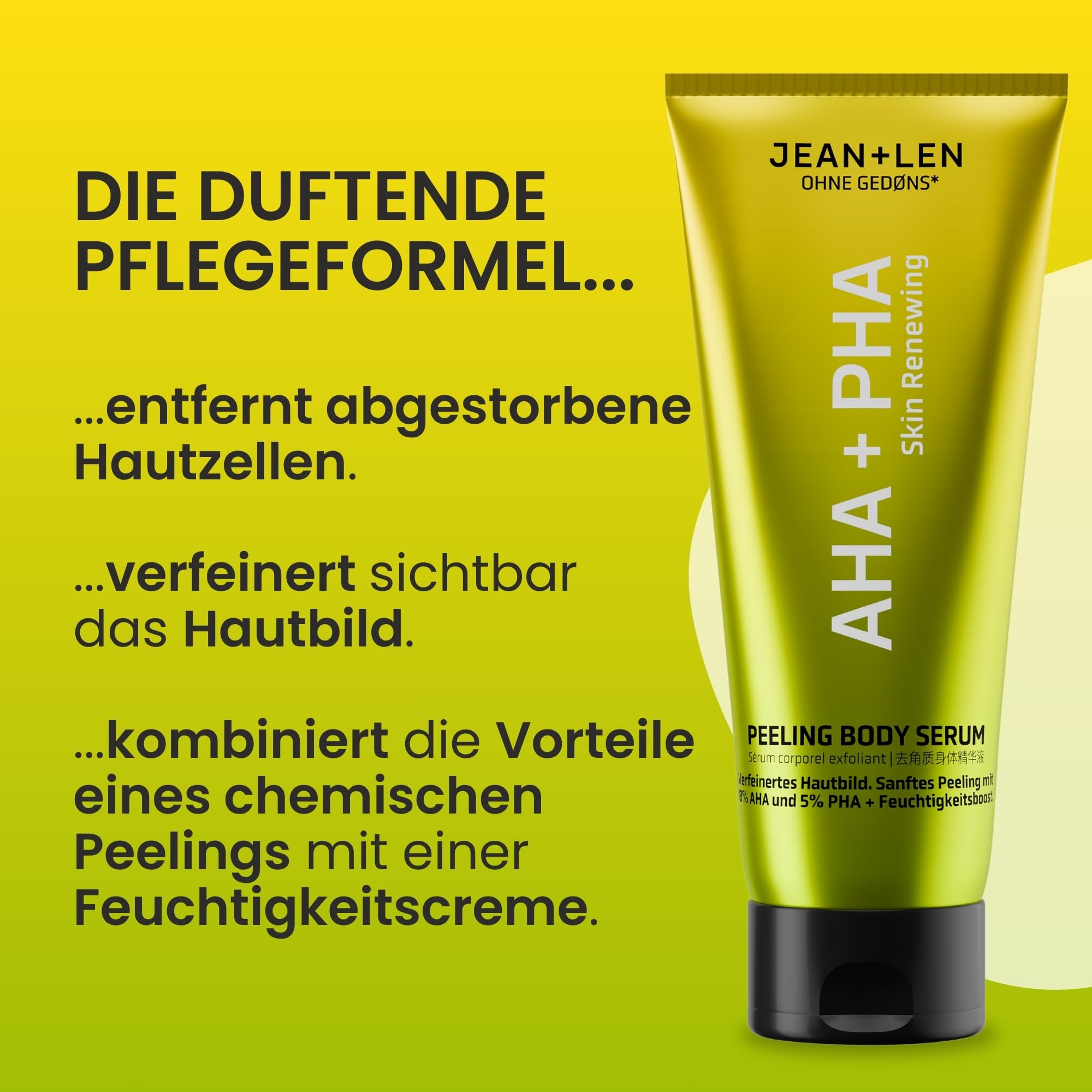Jean & Len Serum do ciała AHA & PHA, delikatny peeling z 8% AHA i 5% PHA, poprawia wygląd skóry, usuwa zanieczyszczenia, nawilża, pielęgnacja ciała bez parabenów i silikonów, wegańskie, 200 ml