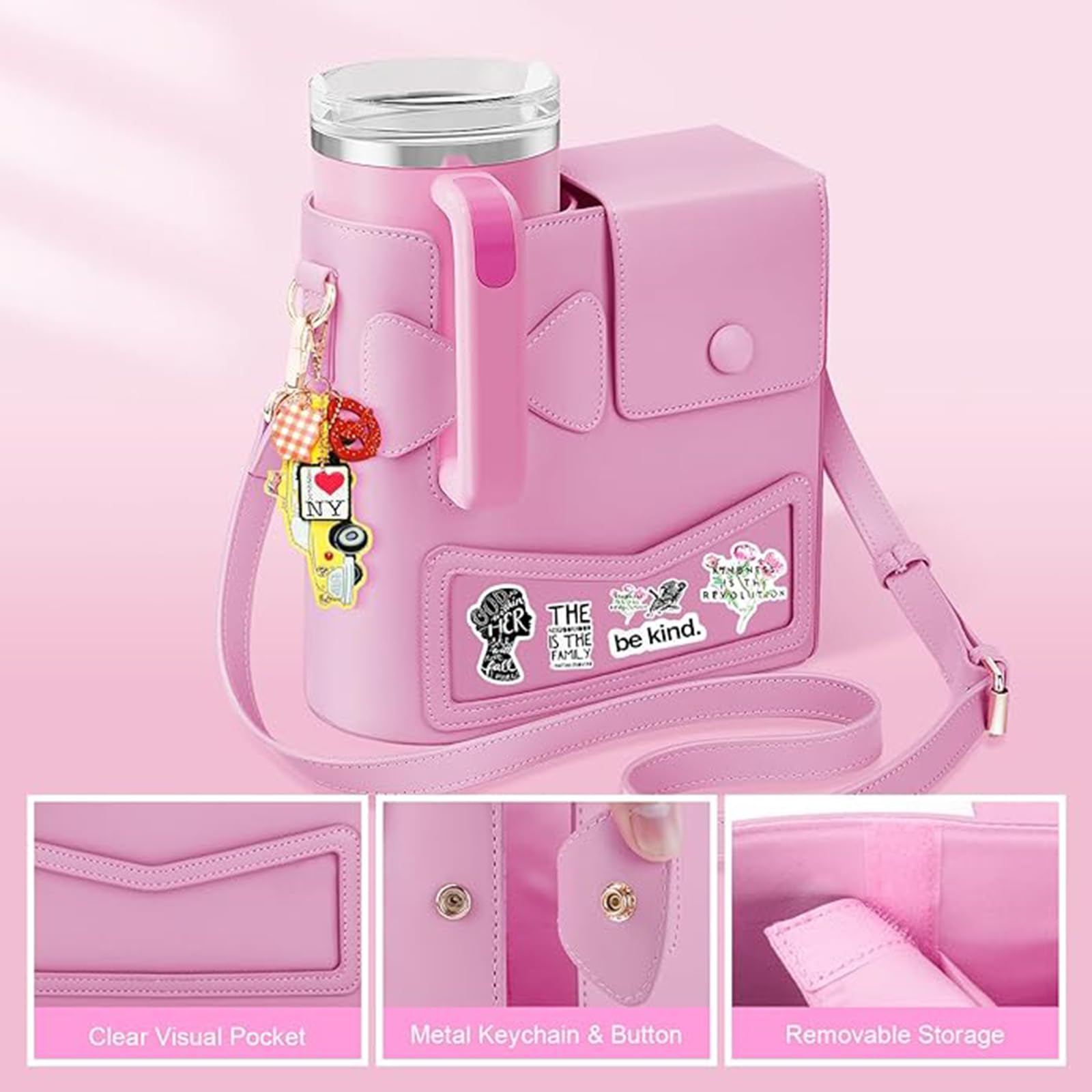 JYPS Crossbody-tas voor waterflessen en Stanley Cup, 2025 nieuwe buitenaccessoires met verstelbare riem en telefoonzakje, waterflesdrager voor wandelen en reizen (roze), roze